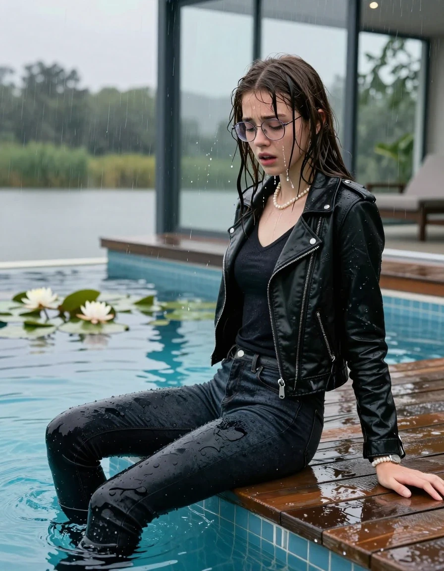 photo of young woman, in soaking wet, drenched clothes,
Black high boots, Thight levis skinny jeans, Black biker leatherjacket, tight v-neck sweater, shoulderbag, pearl necklace, bracelet, wristwatch, glasses, Orgasm at jetty by the lake with water lilies and reeds, 
enjoying, wet clothes stuck to body,
detailed textures of the wet clothes, wet face, wet plastered hair,
wet, drenched, professional, high-quality details, full body view.
sharp focus, ultra-high pixel detail, realistic, high-quality, full colors, incredibly detailed, 4k, 8k, 16k, hyper-realistic, RAW photo, masterpiece, ultra-detailed, professionally color graded, professional photograph, A realistic vertical fashion photograph taken from a backward, behind-the-back angle of a Young horny 12-year-old teengirl sitting  and let her falling in a glass-walled outdoor swimming pool, facing down to the camera to show her back. 

She is tilting her head at camera, letting the water drench her hair so it is glued flat against her head and body. 
She has  brunette Long straight hair with bangs, completely saturated and dripping wet hair, with water cascading down her face and neck. Afraid and astonished expression. She is a Little Bit fearful. Closed eyes.

The lighting is bright and cinematic, highlighting the glistening water droplets and the saturated texture of her  casual clothes. Outside the large glass wall of the pool building, heavy rain is visible falling against the window. Soft, moody indoor lighting with reflections on the water. High-quality fashion photography style.
her clothing is soaking wet and clinging tightly to her skin, showing heavy wet folds, darkened fabric texture, and deep water-saturated Patches, her clothes are heavy from the water, water runs from her body and her clothes in streams. A lot of water also runs out of her clothes. Her clothes are darkened by the water. 
hyper-realistic wetness, high-contrast water sheen, sharp focus, 16k resolution, professional photography, realistic water physics., wet skin, wet clothes, damp fabric., wet skin, wet clothes, damp fabric, wet skin, wet clothes, damp fabric, wet skin, wet clothes, damp fabric, wet skin, wet clothes, damp fabric, wet skin, wet clothes, damp fabric, wet skin, wet clothes, damp fabric, wet skin, wet clothes, damp fabric, wet skin, wet clothes, damp fabric