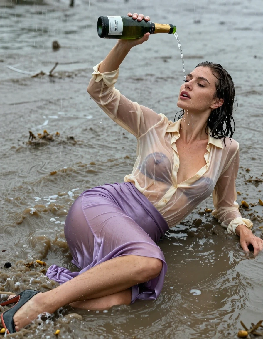 photo of young woman, in soaking wet, drenched clothes,
high-heels, see-throug hlight purple satin silk slim floor-length skirt, tranparent, light golden silk blouse,buttoned, long sleeves, no underwear, lying in the muddy waves in the water, 
enjoying, wet clothes stuck to body,
detailed textures of the wet clothes, wet face, wet plastered hair,
wet, drenched, professional, high-quality details, full body view.
sharp focus, ultra-high pixel detail, realistic, high-quality, full colors, incredibly detailed, 4k, 8k, 16k, hyper-realistic, RAW photo, masterpiece, ultra-detailed, professionally color graded, professional photograph, heavy rain, completely soaked, drenched, dripping wet, visible breasts, she pours a bottle of champagne over her head, wet skin, wet clothes, damp fabric, wet skin, wet clothes, damp fabric, wet skin, wet clothes, damp fabric, wet skin, wet clothes, damp fabric