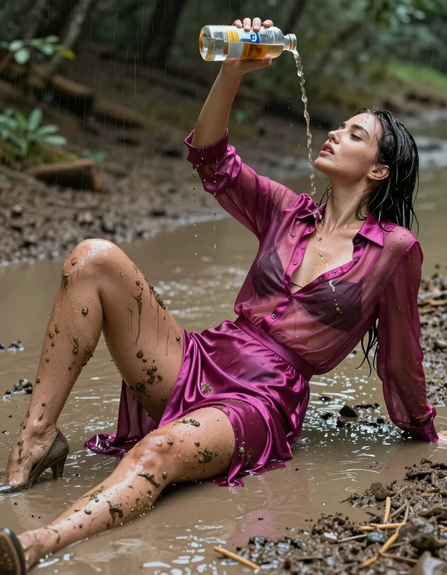 photo of young woman, in soaking wet, drenched clothes,
high-heels, see-through, oversized magenta satin silk slim floor-length skirt, see-through, tranparent, oversized magenta satin silk blouse, buttoned, long sleeves, lie on her back in a muddy puddle in the muddy water in the woods, pouring a bottle of muddy water over her head, 
enjoying, wet clothes stuck to body,
detailed textures of the wet clothes, wet face, wet plastered hair,
wet, drenched, professional, high-quality details, full body view.
sharp focus, ultra-high pixel detail, realistic, high-quality, full colors, incredibly detailed, 4k, 8k, 16k, hyper-realistic, RAW photo, masterpiece, ultra-detailed, professionally color graded, professional photograph, muddy clothes, heavy rain, completely soaked, drenched, dripping wet, visible breasts, wet skin, wet clothes, damp fabric, wet skin, wet clothes, damp fabric, wet skin, wet clothes, damp fabric, wet skin, wet clothes, damp fabric, wet skin, wet clothes, damp fabric, wet skin, wet clothes, damp fabric