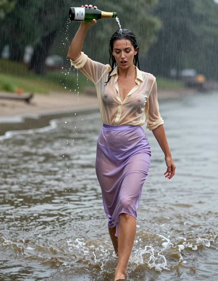 photo of young woman, in soaking wet, drenched clothes,
high-heels, see-throug hlight purple satin silk slim floor-length skirt, tranparent, light golden silk blouse,buttoned, long sleeves, no underwear, walking through the muddy waves in the water, 
enjoying, wet clothes stuck to body,
detailed textures of the wet clothes, wet face, wet plastered hair,
wet, drenched, professional, high-quality details, full body view.
sharp focus, ultra-high pixel detail, realistic, high-quality, full colors, incredibly detailed, 4k, 8k, 16k, hyper-realistic, RAW photo, masterpiece, ultra-detailed, professionally color graded, professional photograph, heavy rain, completely soaked, drenched, dripping wet, visible breasts, she pours a bottle of champagne over her head, wet skin, wet clothes, damp fabric, wet skin, wet clothes, damp fabric, wet skin, wet clothes, damp fabric, wet skin, wet clothes, damp fabric, wet skin, wet clothes, damp fabric