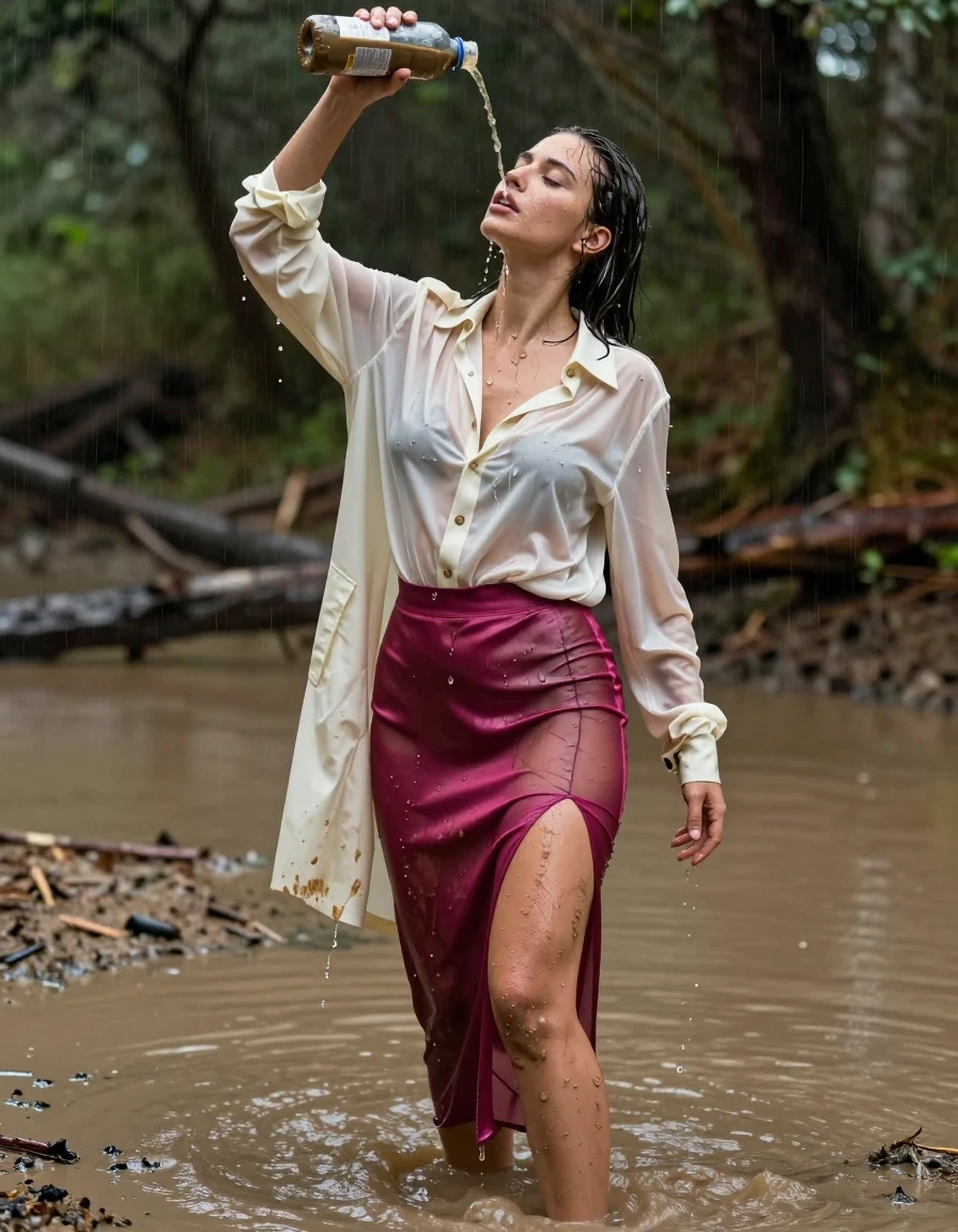 photo of young woman, in soaking wet, drenched clothes,
high-heels, see-through, oversized magenta satin silk slim floor-length skirt, see-through, tranparent, oversized cream white satin silk blouse, buttoned, long sleeves, trench coat, wading in a muddy puddle in the muddy water in the woods, pouring a bottle of muddy water over her head, 
enjoying, wet clothes stuck to body,
detailed textures of the wet clothes, wet face, wet plastered hair,
wet, drenched, professional, high-quality details, full body view.
sharp focus, ultra-high pixel detail, realistic, high-quality, full colors, incredibly detailed, 4k, 8k, 16k, hyper-realistic, RAW photo, masterpiece, ultra-detailed, professionally color graded, professional photograph, muddy clothes, heavy rain, completely soaked, drenched, dripping wet, visible breasts, wet skin, wet clothes, damp fabric, wet skin, wet clothes, damp fabric, wet skin, wet clothes, damp fabric, wet skin, wet clothes, damp fabric, wet skin, wet clothes, damp fabric, wet skin, wet clothes, damp fabric