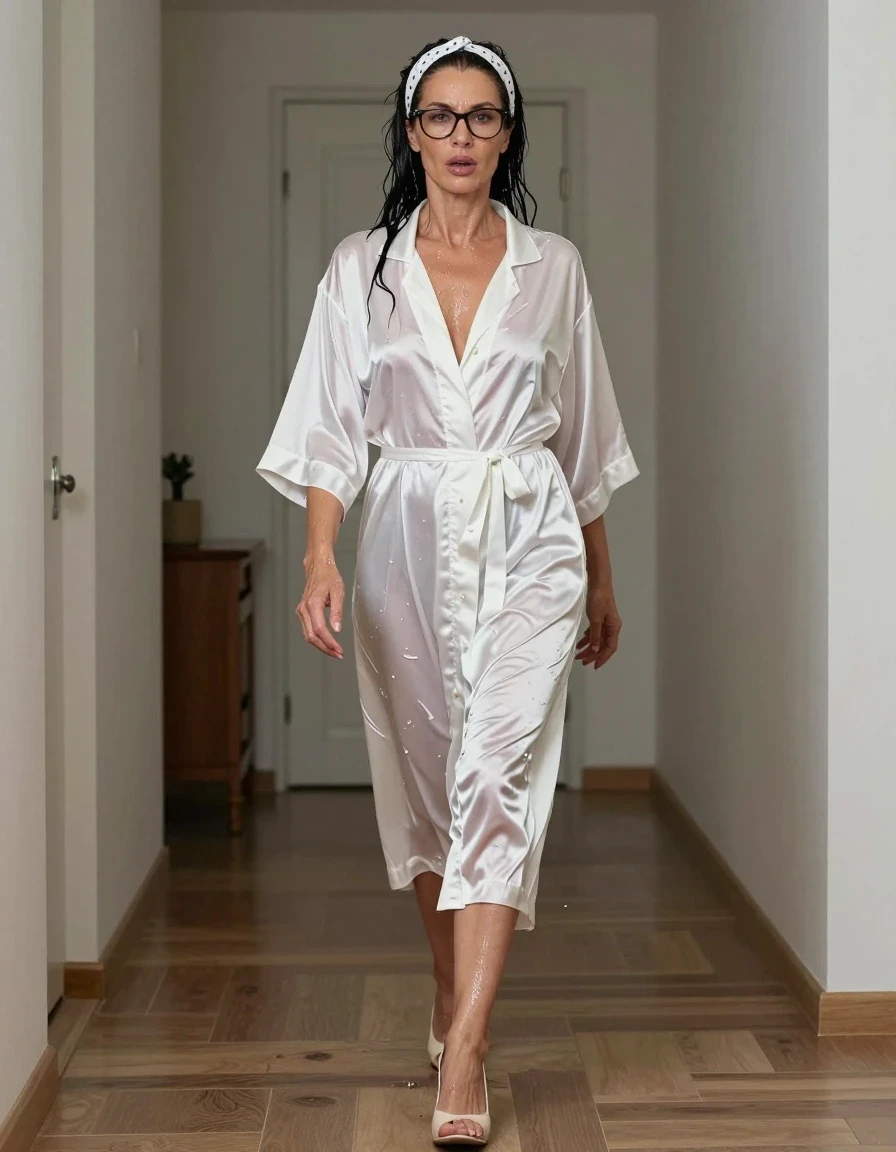 photo of young woman, in soaking wet, drenched clothes,
high-heeled shoes, maxi white Satin dress housecoat, maxi white Satin dress housecoat, walking on the hall of his house, 
enjoying, wet clothes stuck to body,
detailed textures of the wet clothes, wet face, wet plastered hair,
wet, drenched, professional, high-quality details, full body view.
sharp focus, ultra-high pixel detail, realistic, high-quality, full colors, incredibly detailed, 4k, 8k, 16k, hyper-realistic, RAW photo, masterpiece, ultra-detailed, professionally color graded, professional photograph, european brunette skinny woman 50 years old, long dark black hair, white polka-dot headband, office glasses, very big and thick lips, complete body, wet skin, wet clothes, damp fabric, wet skin, wet clothes, damp fabric, wet skin, wet clothes, damp fabric, wet skin, wet clothes, damp fabric, wet skin, wet clothes, damp fabric, wet skin, wet clothes, damp fabric, wet skin, wet clothes, damp fabric