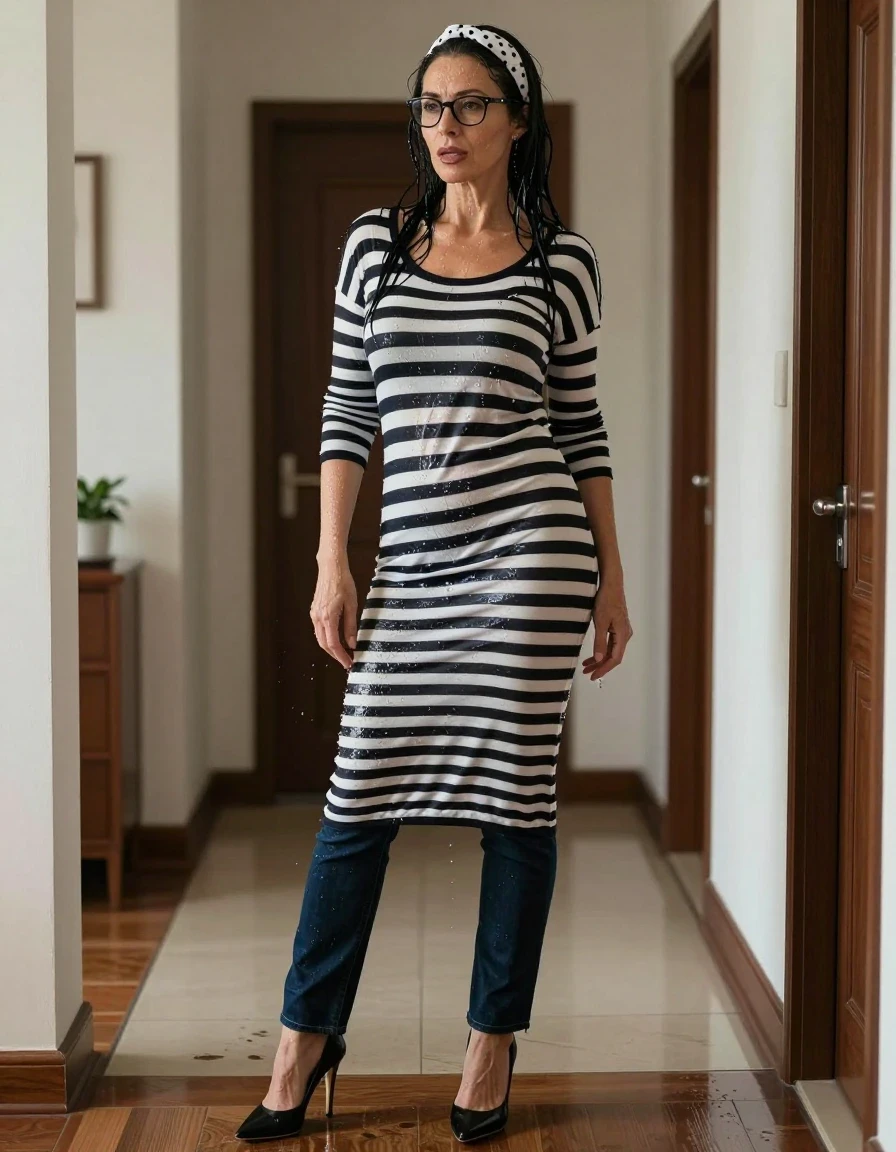 photo of young woman, in soaking wet, drenched clothes,
high-heeled shoes, long dark blue jeans, midi black & white striped sweater dress with a neckline, on the hall of his house, 
enjoying, wet clothes stuck to body,
detailed textures of the wet clothes, wet face, wet plastered hair,
wet, drenched, professional, high-quality details, full body view.
sharp focus, ultra-high pixel detail, realistic, high-quality, full colors, incredibly detailed, 4k, 8k, 16k, hyper-realistic, RAW photo, masterpiece, ultra-detailed, professionally color graded, professional photograph, european brunette skinny woman 50 years old, long dark black hair, white polka-dot headband, office glasses, very big and thick lips, complete body, wet skin, wet clothes, damp fabric, wet skin, wet clothes, damp fabric, wet skin, wet clothes, damp fabric, wet skin, wet clothes, damp fabric, wet skin, wet clothes, damp fabric, wet skin, wet clothes, damp fabric, wet skin, wet clothes, damp fabric
