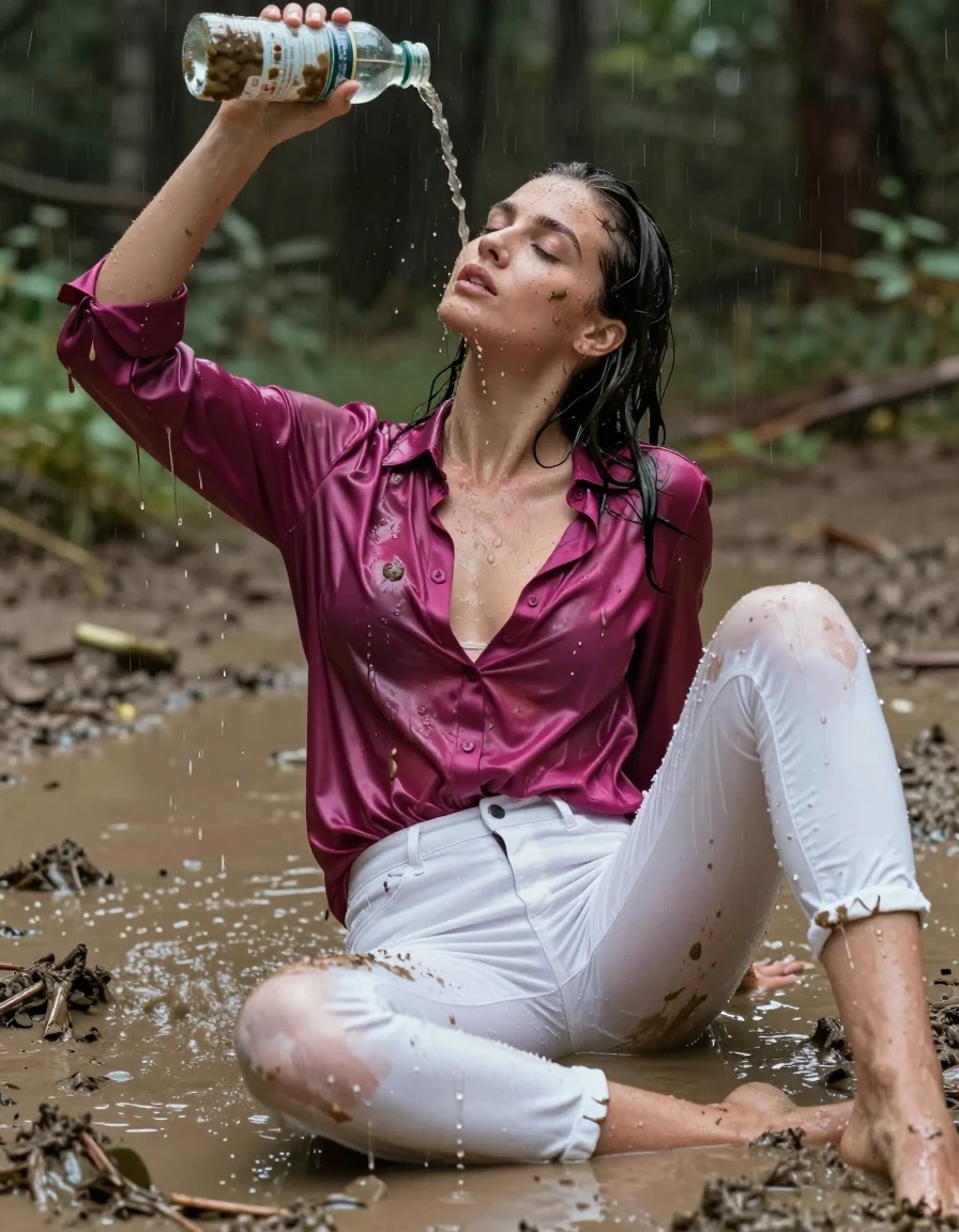 photo of young woman, in soaking wet, drenched clothes,
, white jeans, dripping wet, shiny, see-through, tranparent, oversized magenta satin silk blouse, buttoned, long sleeves, no bra, shower, lying in a knee deep muddy puddle in the muddy water in the woods, pouring a bottle of muddy water over her head, 
enjoying, wet clothes stuck to body,
detailed textures of the wet clothes, wet face, wet plastered hair,
wet, drenched, professional, high-quality details, full body view.
sharp focus, ultra-high pixel detail, realistic, high-quality, full colors, incredibly detailed, 4k, 8k, 16k, hyper-realistic, RAW photo, masterpiece, ultra-detailed, professionally color graded, professional photograph, muddy clothes, heavy rain, completely soaked, drenched, dripping wet, visible breasts, wet skin, mud in her hair, wet clothes, damp fabric, wet skin, wet clothes, damp fabric, wet skin, wet clothes, damp fabric, wet skin, wet clothes, damp fabric, wet clothes, damp fabric, wet skin, wet clothes, damp fabric