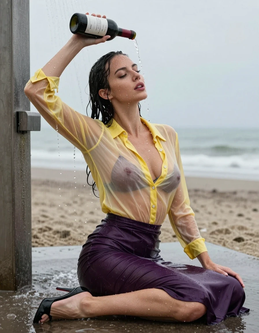 photo of young woman, in soaking wet, drenched clothes,
high-heels, see-through dark purple satin silk slim floor-length skirt, tranparent, dark yellow silk blouse,buttoned, long sleeves, no underwear, sitting in the water of a shower at the beach, 
enjoying, wet clothes stuck to body,
detailed textures of the wet clothes, wet face, wet plastered hair,
wet, drenched, professional, high-quality details, full body view.
sharp focus, ultra-high pixel detail, realistic, high-quality, full colors, incredibly detailed, 4k, 8k, 16k, hyper-realistic, RAW photo, masterpiece, ultra-detailed, professionally color graded, professional photograph, heavy rain, completely soaked, drenched, dripping wet, visible breasts, she pours a bottle of red wine over her head, wet skin, wet clothes, damp fabric, wet skin, wet clothes, damp fabric, wet skin, wet clothes, damp fabric, wet skin, wet clothes, damp fabric