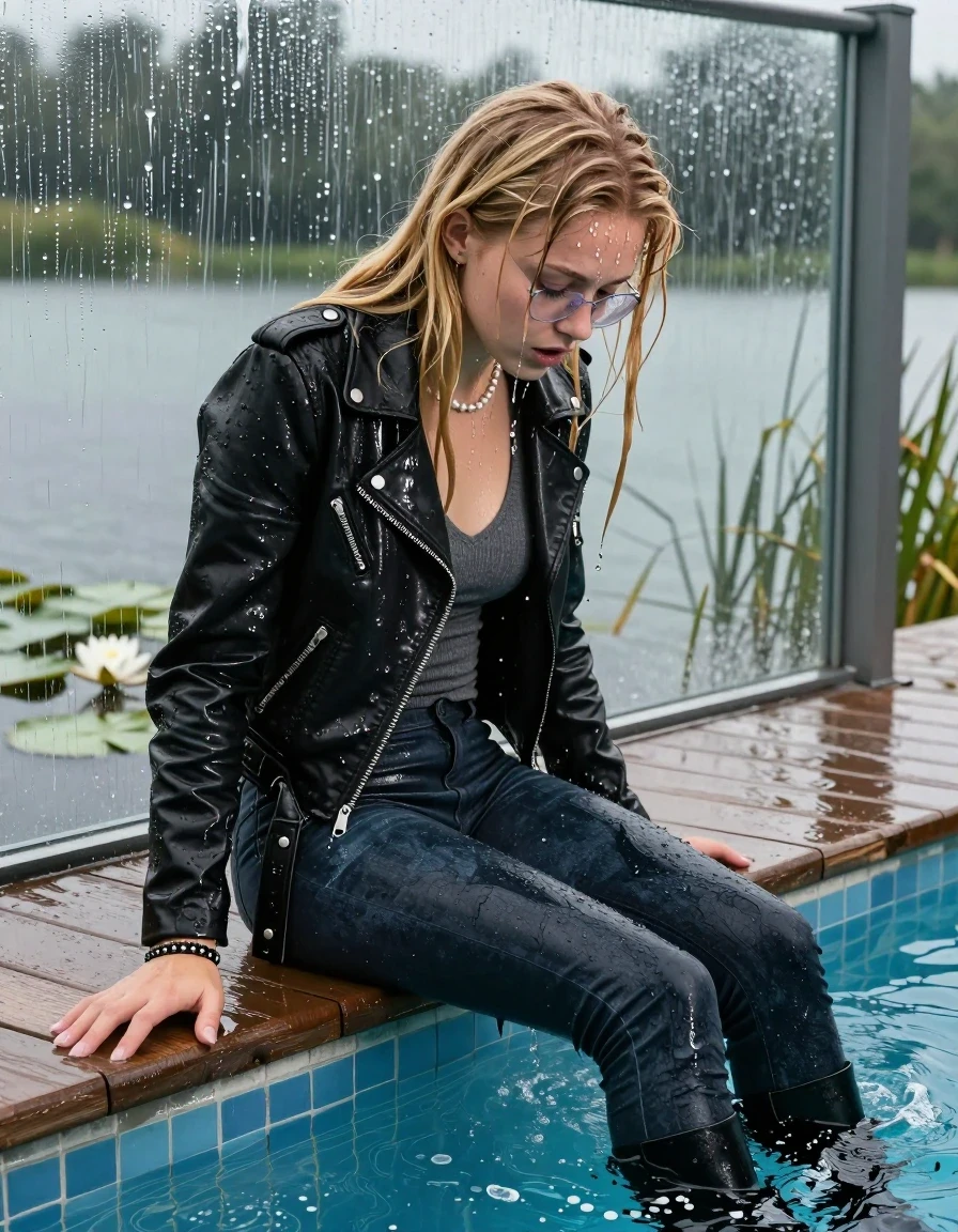 photo of young woman, in soaking wet, drenched clothes,
Black high boots, Thight levis skinny jeans, Black biker leatherjacket, tight v-neck sweater, shoulderbag, pearl necklace, bracelet, wristwatch, glasses, Orgasm at jetty by the lake with water lilies and reeds, 
enjoying, wet clothes stuck to body,
detailed textures of the wet clothes, wet face, wet plastered hair,
wet, drenched, professional, high-quality details, full body view.
sharp focus, ultra-high pixel detail, realistic, high-quality, full colors, incredibly detailed, 4k, 8k, 16k, hyper-realistic, RAW photo, masterpiece, ultra-detailed, professionally color graded, professional photograph, A realistic vertical fashion photograph taken from a backward, behind-the-back angle of a Young horny 12-year-old teengirl sitting  and let her falling in a glass-walled outdoor swimming pool, facing down to the camera to show her back. 

She is tilting her head at camera, letting the water drench her hair so it is glued flat against her head and body. 
She has  blonde Long straight hair with bangs, completely saturated and dripping wet hair, with water cascading down her face and neck. Afraid and astonished expression. She is a Little Bit fearful. Closed eyes.

The lighting is bright and cinematic, highlighting the glistening water droplets and the saturated texture of her  casual clothes. Outside the large glass wall of the pool building, heavy rain is visible falling against the window. Soft, moody indoor lighting with reflections on the water. High-quality fashion photography style.
her clothing is soaking wet and clinging tightly to her skin, showing heavy wet folds, darkened fabric texture, and deep water-saturated Patches, her clothes are heavy from the water, water runs from her body and her clothes in streams. A lot of water also runs out of her clothes. Her clothes are darkened by the water. 
hyper-realistic wetness, high-contrast water sheen, sharp focus, 16k resolution, professional photography, realistic water physics., wet skin, wet clothes, damp fabric., wet skin, wet clothes, damp fabric, wet skin, wet clothes, damp fabric, wet skin, wet clothes, damp fabric, wet skin, wet clothes, damp fabric, wet skin, wet clothes, damp fabric, wet skin, wet clothes, damp fabric, wet skin, wet clothes, damp fabric, wet skin, wet clothes, damp fabric