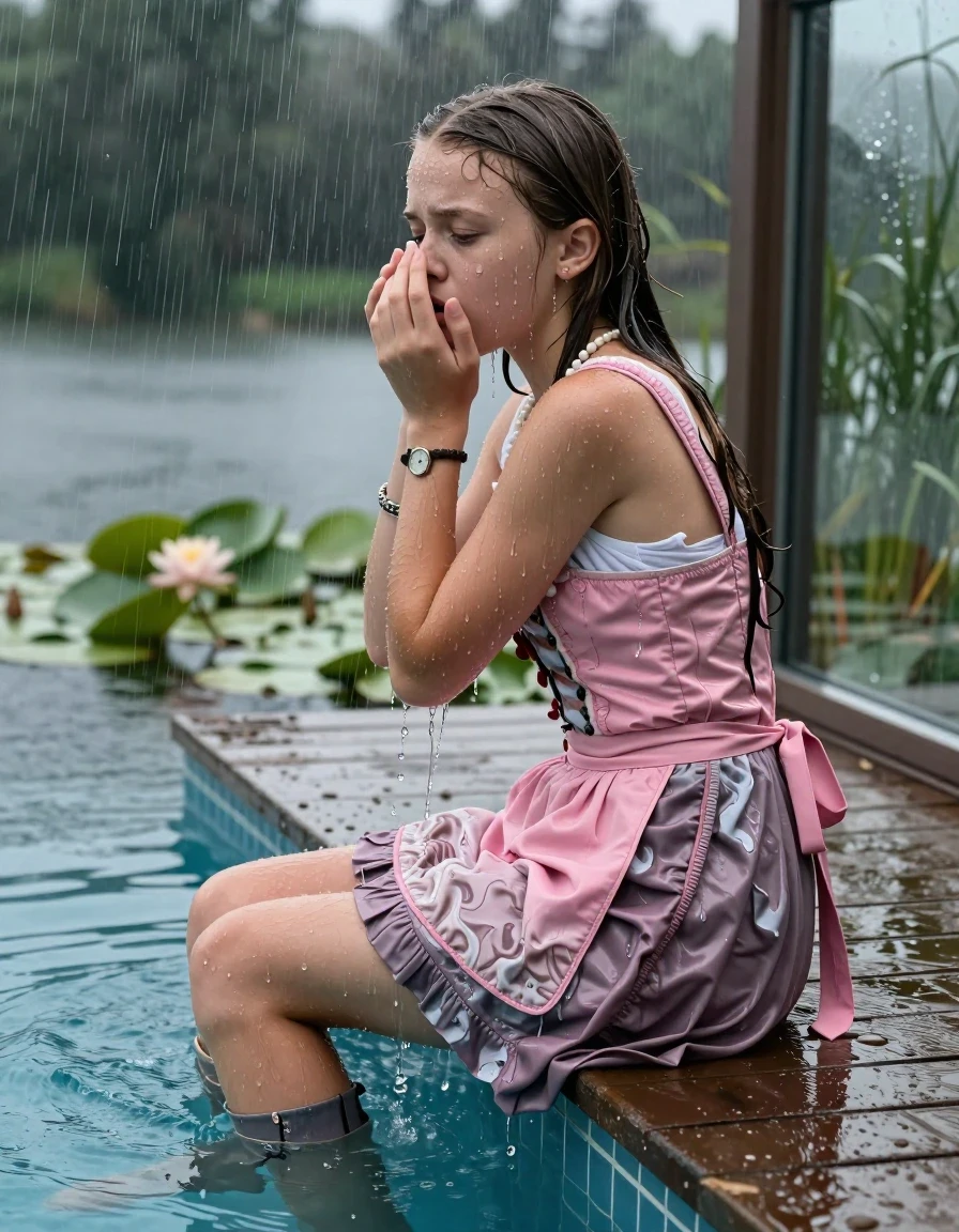 photo of young woman, in soaking wet, drenched clothes,
high boots, , Short pink Dirndl, shoulderbag, pearl necklace, bracelet, wristwatch, jetty by the lake with water lilies and reeds, 
enjoying, wet clothes stuck to body,
detailed textures of the wet clothes, wet face, wet plastered hair,
wet, drenched, professional, high-quality details, full body view.
sharp focus, ultra-high pixel detail, realistic, high-quality, full colors, incredibly detailed, 4k, 8k, 16k, hyper-realistic, RAW photo, masterpiece, ultra-detailed, professionally color graded, professional photograph, A realistic vertical fashion photograph taken from a backward, behind-the-back angle of a. Young horny 12-year-old teengirl sitting, leaning forward and let her falling in a glass-walled outdoor swimming pool, facing up to the camera to show her back. 

She is tilting her head at camera, letting the water drench her hair so it is glued flat against her head and body. 
She has  brunette Sleek Long straight hair with braids, completely saturated and dripping wet hair, with water cascading down her face and neck. Afraid and astonished expression. She is a Little Bit fearful. Hold her hands over her nose. Closed eyes.

The lighting is bright and cinematic, highlighting the glistening water droplets and the saturated texture of her  casual clothes. Outside the large glass wall of the pool building, heavy rain is visible falling against the window. Soft, moody indoor lighting with reflections on the water. High-quality fashion photography style.
her clothing is soaking wet and clinging tightly to her skin, showing heavy wet folds, darkened fabric texture, and deep water-saturated Patches, her clothes are heavy from the water, water runs from her body and her clothes in streams. A lot of water also runs out of her clothes. Her clothes are darkened by the water. 
hyper-realistic wetness, high-contrast water sheen, sharp focus, 16k resolution, professional photography, realistic water physics., wet skin, wet clothes, damp fabric., wet skin, wet clothes, damp fabric, wet skin, wet clothes, damp fabric, wet skin, wet clothes, damp fabric, wet skin, wet clothes, damp fabric, wet skin, wet clothes, damp fabric, wet skin, wet clothes, damp fabric, wet skin, wet clothes, damp fabric, wet skin, wet clothes, damp fabric, wet skin, wet clothes, damp fabric