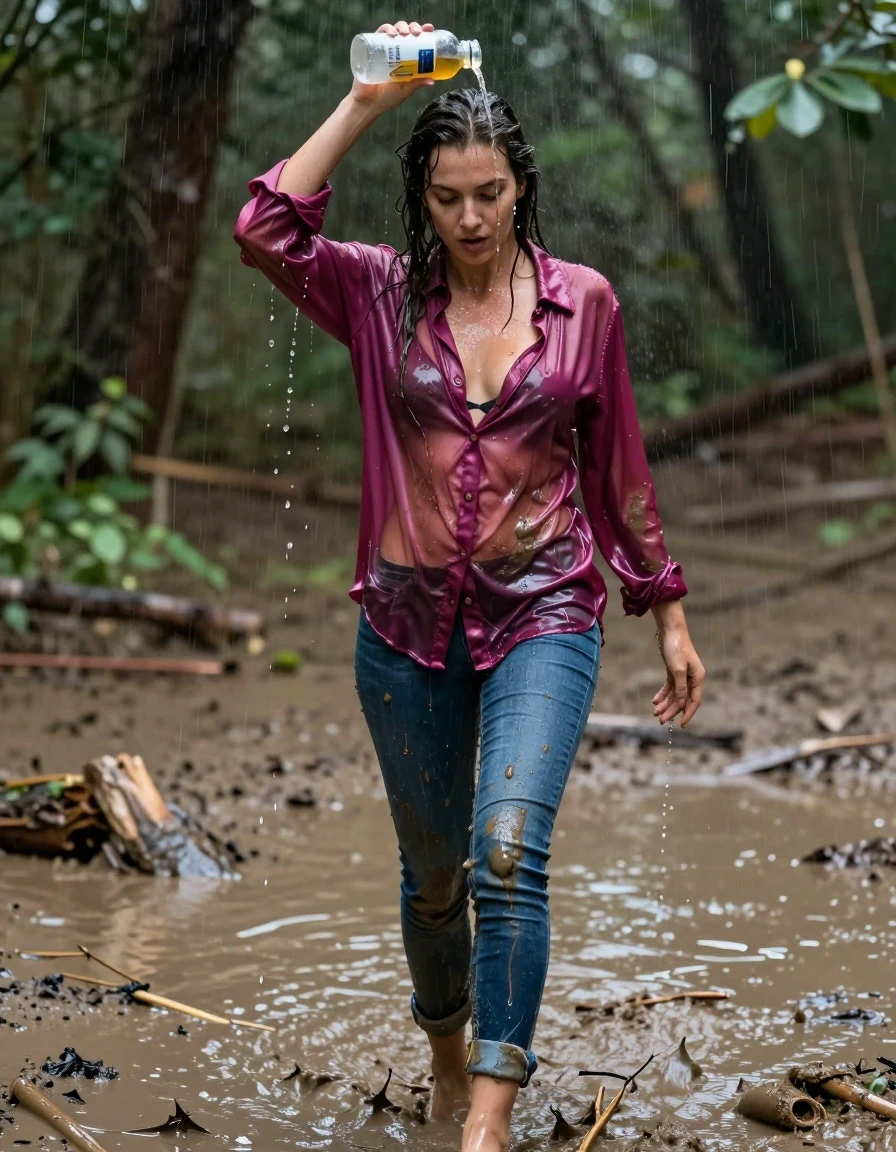 photo of young woman, in soaking wet, drenched clothes,
high-heels, blue jeans, dripping wet, shiny, see-through, tranparent, oversized magenta satin silk blouse, buttoned, long sleeves, no bra, shower, walking in a muddy puddle in the muddy water in the woods, pouring a bottle of muddy water over her head, 
enjoying, wet clothes stuck to body,
detailed textures of the wet clothes, wet face, wet plastered hair,
wet, drenched, professional, high-quality details, full body view.
sharp focus, ultra-high pixel detail, realistic, high-quality, full colors, incredibly detailed, 4k, 8k, 16k, hyper-realistic, RAW photo, masterpiece, ultra-detailed, professionally color graded, professional photograph, muddy clothes, heavy rain, completely soaked, drenched, dripping wet, visible breasts, wet skin, mud in her hair, wet clothes, damp fabric, wet skin, wet clothes, damp fabric, wet skin, wet clothes, damp fabric, wet skin, wet clothes, damp fabric, wet clothes, damp fabric, wet skin, wet clothes, damp fabric