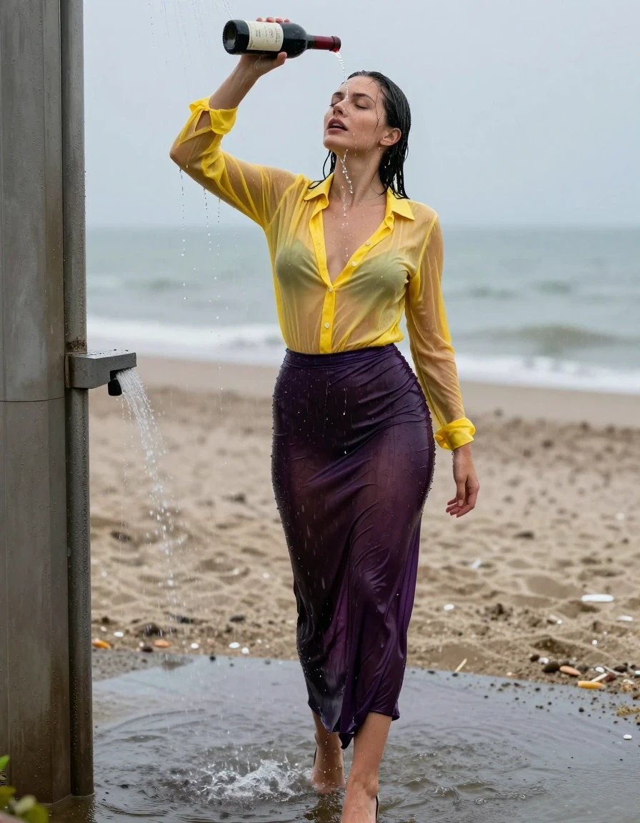photo of young woman, in soaking wet, drenched clothes,
high-heels, see-through dark purple satin silk slim floor-length skirt, tranparent, dark yellow silk blouse,buttoned, long sleeves, no underwear, stand in the water of a shower at the beach, 
enjoying, wet clothes stuck to body,
detailed textures of the wet clothes, wet face, wet plastered hair,
wet, drenched, professional, high-quality details, full body view.
sharp focus, ultra-high pixel detail, realistic, high-quality, full colors, incredibly detailed, 4k, 8k, 16k, hyper-realistic, RAW photo, masterpiece, ultra-detailed, professionally color graded, professional photograph, heavy rain, completely soaked, drenched, dripping wet, visible breasts, she pours a bottle of red wine over her head, wet skin, wet clothes, damp fabric, wet skin, wet clothes, damp fabric, wet skin, wet clothes, damp fabric, wet skin, wet clothes, damp fabric