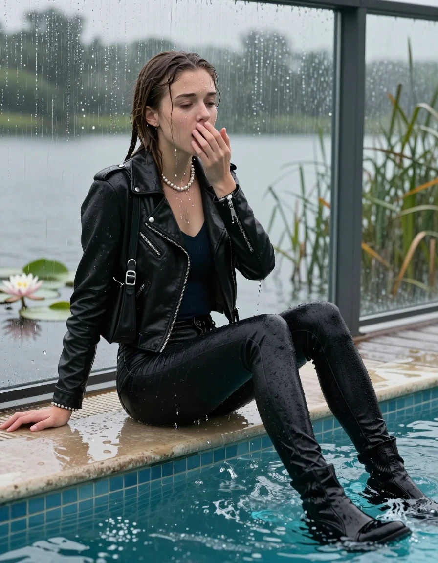 photo of young woman, in soaking wet, drenched clothes,
Black high boots, Thight levis skinny jeans, Black biker leatherjacket, tight v-neck sweater, shoulderbag, pearl necklace, bracelet, wristwatch, Orgasm at jetty by the lake with water lilies and reeds, 
enjoying, wet clothes stuck to body,
detailed textures of the wet clothes, wet face, wet plastered hair,
wet, drenched, professional, high-quality details, full body view.
sharp focus, ultra-high pixel detail, realistic, high-quality, full colors, incredibly detailed, 4k, 8k, 16k, hyper-realistic, RAW photo, masterpiece, ultra-detailed, professionally color graded, professional photograph, A realistic vertical fashion photograph taken from a backward, behind-the-back angle of two Young horny 15-year-old teengirl sitting  and let her falling in a glass-walled outdoor swimming pool, facing up to the camera to show her back. 

She is tilting her head at camera, letting the water drench her hair so it is glued flat against her head and body. 
She has  brunette Sleek Long straight hair with braids, completely saturated and dripping wet hair, with water cascading down her face and neck. Afraid and astonished expression. She is a Little Bit fearful. Hold a hand on her mouth. Closed eyes.

The lighting is bright and cinematic, highlighting the glistening water droplets and the saturated texture of her  casual clothes. Outside the large glass wall of the pool building, heavy rain is visible falling against the window. Soft, moody indoor lighting with reflections on the water. High-quality fashion photography style.
her clothing is soaking wet and clinging tightly to her skin, showing heavy wet folds, darkened fabric texture, and deep water-saturated Patches, her clothes are heavy from the water, water runs from her body and her clothes in streams. A lot of water also runs out of her clothes. Her clothes are darkened by the water. 
hyper-realistic wetness, high-contrast water sheen, sharp focus, 16k resolution, professional photography, realistic water physics., wet skin, wet clothes, damp fabric., wet skin, wet clothes, damp fabric, wet skin, wet clothes, damp fabric, wet skin, wet clothes, damp fabric, wet skin, wet clothes, damp fabric, wet skin, wet clothes, damp fabric, wet skin, wet clothes, damp fabric, wet skin, wet clothes, damp fabric, wet skin, wet clothes, damp fabric