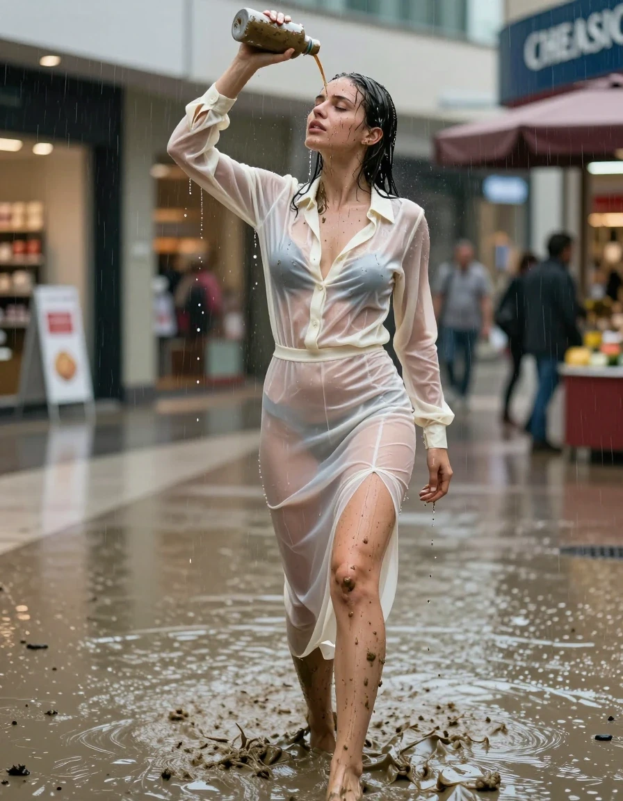 photo of young woman, in soaking wet, drenched clothes,
high-heels, see-through, transparent, crean white satin silk slim floor-length skirt, see-through, tranparent, cream white satin silk blouse, buttoned, long sleeves, no underwear, standing in a muddy shower in the muddy water in the shopping mall, pouring a bottle of muddy water over her head, 
enjoying, wet clothes stuck to body,
detailed textures of the wet clothes, wet face, wet plastered hair,
wet, drenched, professional, high-quality details, full body view.
sharp focus, ultra-high pixel detail, realistic, high-quality, full colors, incredibly detailed, 4k, 8k, 16k, hyper-realistic, RAW photo, masterpiece, ultra-detailed, professionally color graded, professional photograph, heavy rain, completely soaked, drenched, dripping wet, visible breasts, wet skin, wet clothes, damp fabric, wet skin, wet clothes, damp fabric, wet skin, wet clothes, damp fabric, wet skin, wet clothes, damp fabric, wet skin, wet clothes, damp fabric, wet skin, wet clothes, damp fabric