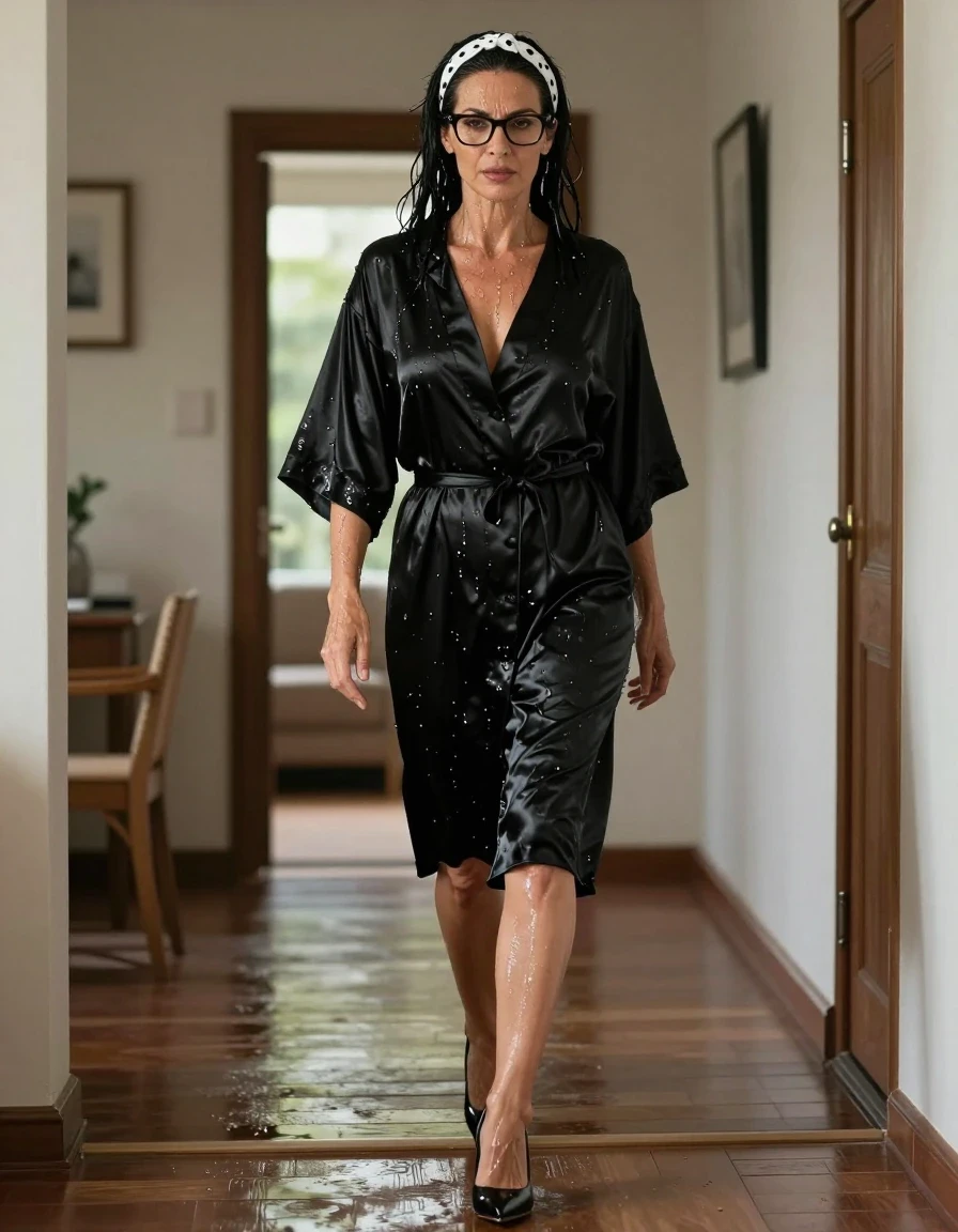 photo of young woman, in soaking wet, drenched clothes,
high-heeled shoes, maxi black Satin dress housecoat, maxi black Satin dress housecoat, walking on the hall of his house, 
enjoying, wet clothes stuck to body,
detailed textures of the wet clothes, wet face, wet plastered hair,
wet, drenched, professional, high-quality details, full body view.
sharp focus, ultra-high pixel detail, realistic, high-quality, full colors, incredibly detailed, 4k, 8k, 16k, hyper-realistic, RAW photo, masterpiece, ultra-detailed, professionally color graded, professional photograph, european brunette skinny woman 50 years old, long dark black hair, white polka-dot headband, office glasses, very big and thick lips, complete body, wet skin, wet clothes, damp fabric, wet skin, wet clothes, damp fabric, wet skin, wet clothes, damp fabric, wet skin, wet clothes, damp fabric, wet skin, wet clothes, damp fabric, wet skin, wet clothes, damp fabric, wet skin, wet clothes, damp fabric