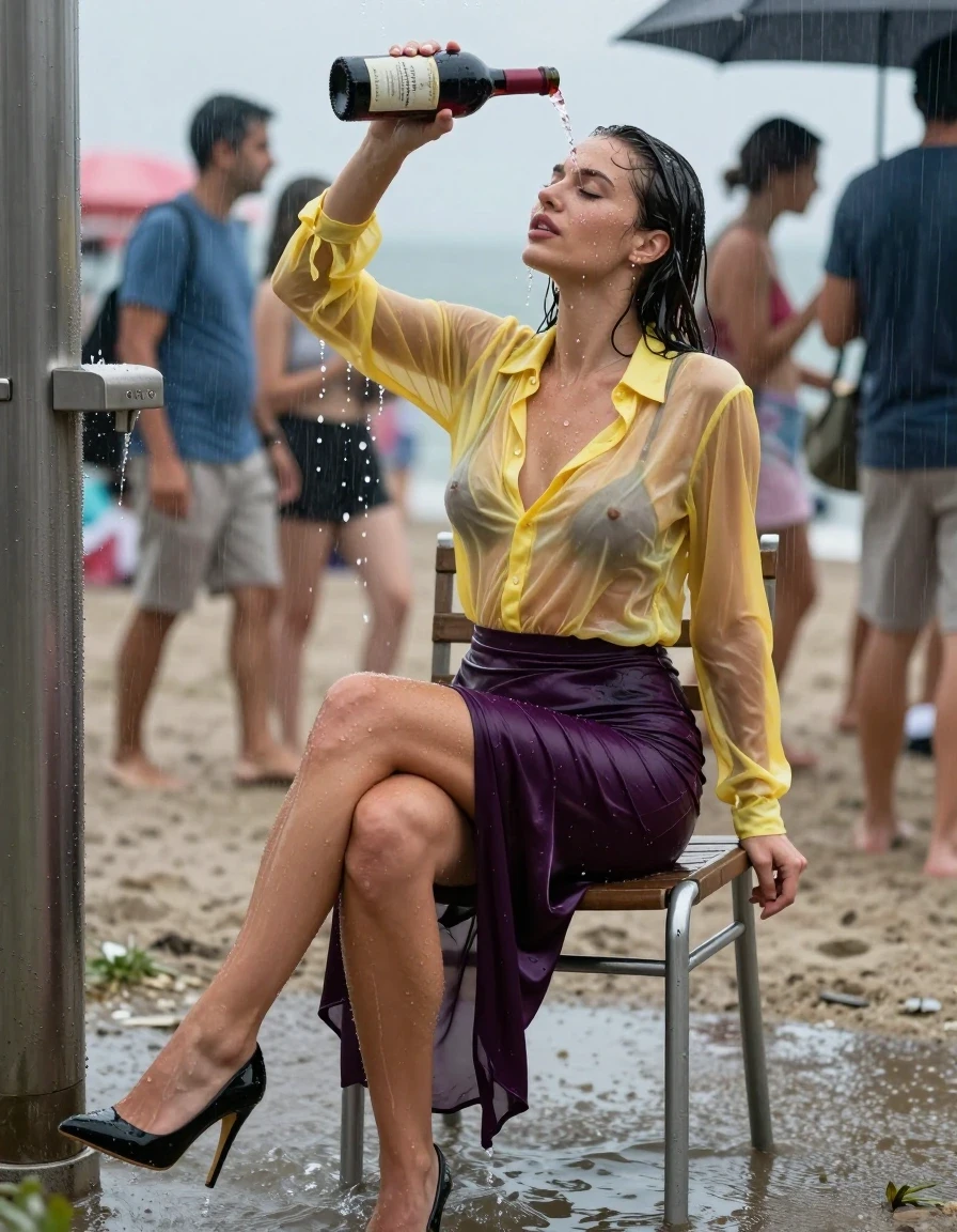 photo of young woman, in soaking wet, drenched clothes,
high-heels, see-through dark purple satin silk slim floor-length skirt, tranparent, dark yellow silk blouse,buttoned, long sleeves, no underwear, sitting on a chair in the water of a shower at the crowded beach, 
enjoying, wet clothes stuck to body,
detailed textures of the wet clothes, wet face, wet plastered hair,
wet, drenched, professional, high-quality details, full body view.
sharp focus, ultra-high pixel detail, realistic, high-quality, full colors, incredibly detailed, 4k, 8k, 16k, hyper-realistic, RAW photo, masterpiece, ultra-detailed, professionally color graded, professional photograph, people looking at her, heavy rain, completely soaked, drenched, dripping wet, visible breasts, she pours a bottle of red wine over her head, wet skin, wet clothes, damp fabric, wet skin, wet clothes, damp fabric, wet skin, wet clothes, damp fabric, wet skin, wet clothes, damp fabric