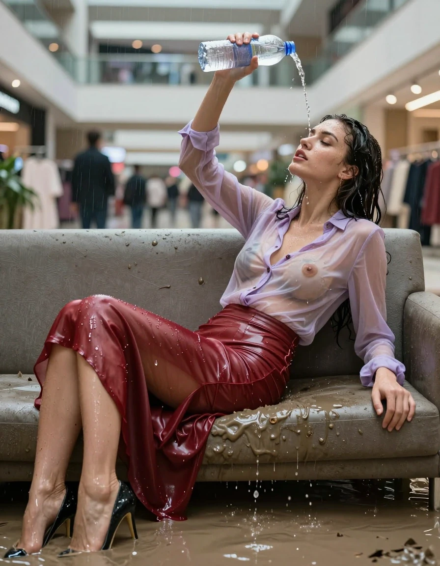 photo of young woman, in soaking wet, drenched clothes,
high-heels, see-throug transparent hlight red satin silk slim floor-length skirt, tranparent, light purple silk blouse,buttoned, long sleeves, no underwear, lying on a muddy couch in the muddy water in the shopping mall pouring a bottle of water over her head, 
enjoying, wet clothes stuck to body,
detailed textures of the wet clothes, wet face, wet plastered hair,
wet, drenched, professional, high-quality details, full body view.
sharp focus, ultra-high pixel detail, realistic, high-quality, full colors, incredibly detailed, 4k, 8k, 16k, hyper-realistic, RAW photo, masterpiece, ultra-detailed, professionally color graded, professional photograph, heavy rain, completely soaked, drenched, dripping wet, visible breasts, wet skin, wet clothes, damp fabric, wet skin, wet clothes, damp fabric, wet skin, wet clothes, damp fabric, wet skin, wet clothes, damp fabric, wet skin, wet clothes, damp fabric, wet skin, wet clothes, damp fabric