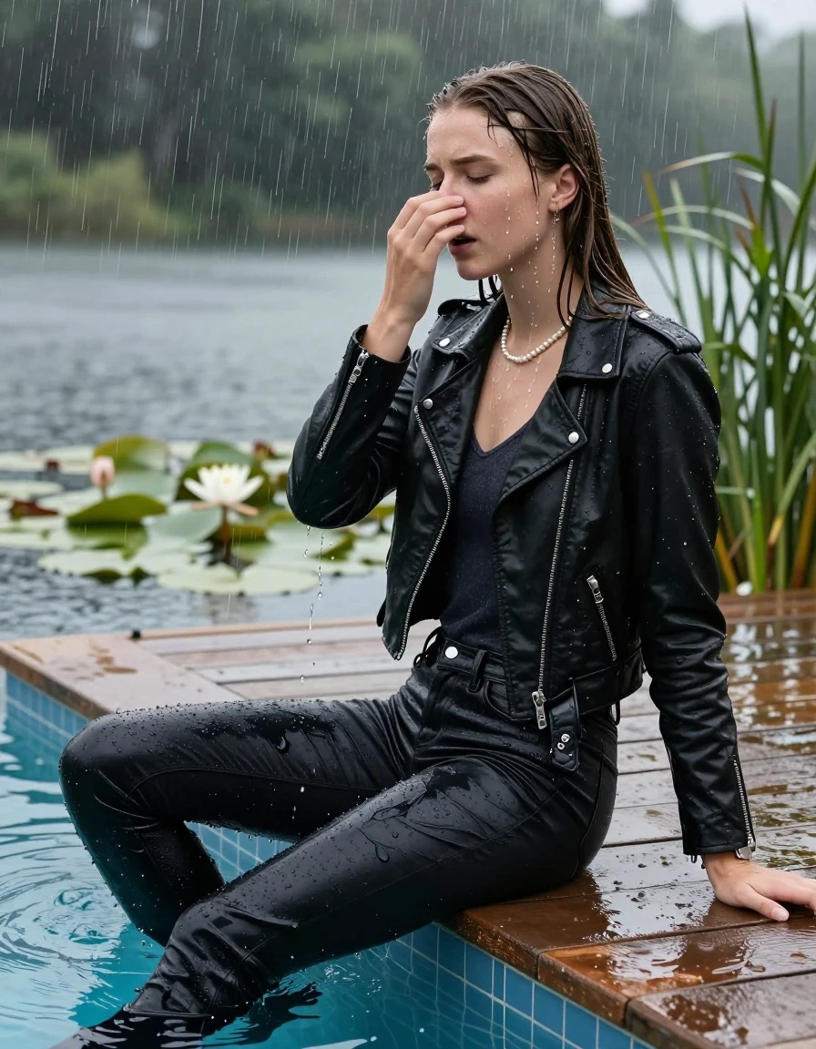 photo of young woman, in soaking wet, drenched clothes,
Black high boots, Thight levis skinny jeans, Black biker leatherjacket, tight v-neck sweater, shoulderbag, pearl necklace, bracelet, wristwatch, Orgasm at jetty by the lake with water lilies and reeds, 
enjoying, wet clothes stuck to body,
detailed textures of the wet clothes, wet face, wet plastered hair,
wet, drenched, professional, high-quality details, full body view.
sharp focus, ultra-high pixel detail, realistic, high-quality, full colors, incredibly detailed, 4k, 8k, 16k, hyper-realistic, RAW photo, masterpiece, ultra-detailed, professionally color graded, professional photograph, A realistic vertical fashion photograph taken from a backward, behind-the-back angle of two Young horny 15-year-old teengirl sitting, leaning forward and let her falling in a glass-walled outdoor swimming pool, facing up to the camera to show her back. 

She is tilting her head at camera, letting the water drench her hair so it is glued flat against her head and body. 
She has  brunette Sleek Long straight hair with braids, completely saturated and dripping wet hair, with water cascading down her face and neck. Afraid and astonished expression. She is a Little Bit fearful. Hold a hand over her nose. Closed eyes.

The lighting is bright and cinematic, highlighting the glistening water droplets and the saturated texture of her  casual clothes. Outside the large glass wall of the pool building, heavy rain is visible falling against the window. Soft, moody indoor lighting with reflections on the water. High-quality fashion photography style.
her clothing is soaking wet and clinging tightly to her skin, showing heavy wet folds, darkened fabric texture, and deep water-saturated Patches, her clothes are heavy from the water, water runs from her body and her clothes in streams. A lot of water also runs out of her clothes. Her clothes are darkened by the water. 
hyper-realistic wetness, high-contrast water sheen, sharp focus, 16k resolution, professional photography, realistic water physics., wet skin, wet clothes, damp fabric., wet skin, wet clothes, damp fabric, wet skin, wet clothes, damp fabric, wet skin, wet clothes, damp fabric, wet skin, wet clothes, damp fabric, wet skin, wet clothes, damp fabric, wet skin, wet clothes, damp fabric, wet skin, wet clothes, damp fabric, wet skin, wet clothes, damp fabric