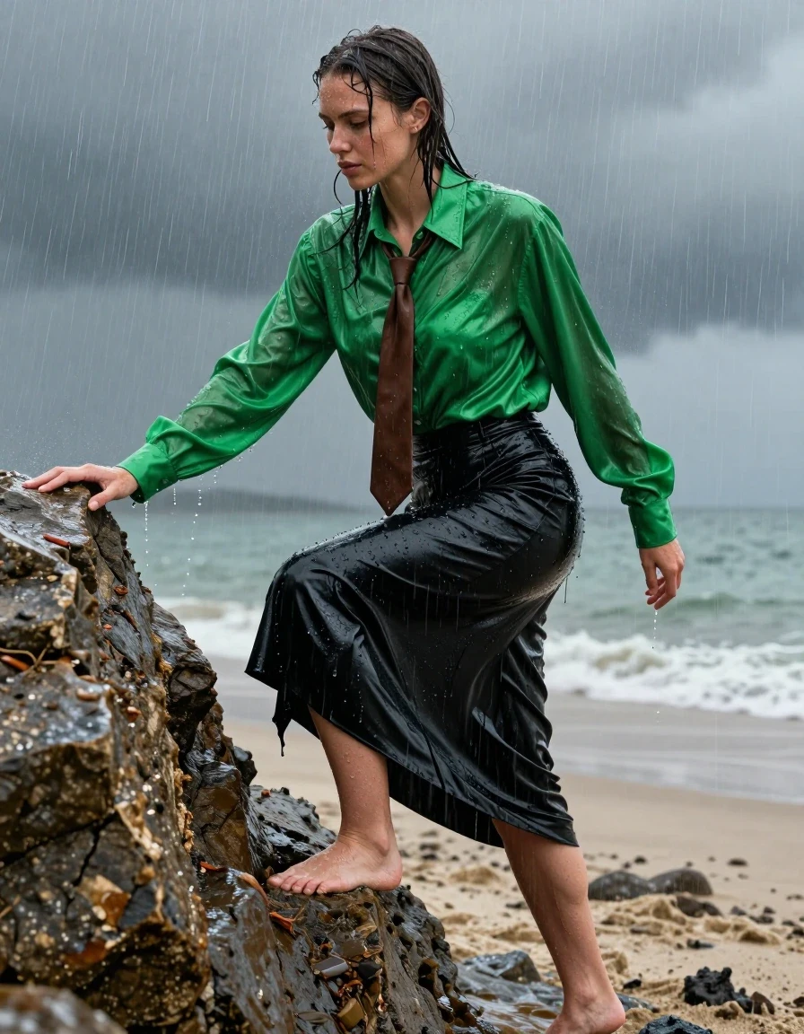 A photorealistic full-body shot of a young adult European woman with wet, rain-slicked hair and glistening, damp skin. She is wearing a vibrant, oversized satin long-sleeved buttoned-down green blouse that is soaked through, clinging to her frame with heavy, wet folds and deep, saturated color, paired with a floor-length black leather skirt that is drenched and coated in a glossy, reflective sheen from the downpour. A damp brown necktie is knotted at her collar. She is barefoot, actively climbing a jagged, slippery, muddy rock on an empty beach during a torrential rainstorm. The atmosphere is dark and moody, with heavy rain streaks visible in the air, water cascading down her clothing and skin, creating realistic specular highlights and deep, wet textures on the fabric. High-contrast cinematic lighting, sharp focus on the textures of the wet leather and satin, 8k resolution, shot on 35mm lens, raw photographic style.