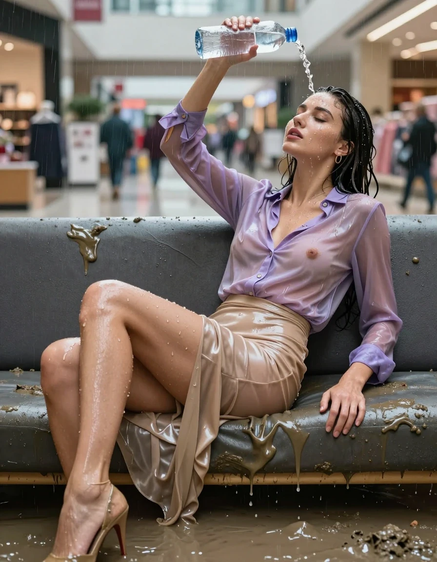 photo of young woman, in soaking wet, drenched clothes,
high-heels, see-throug hlight golden satin silk slim floor-length skirt, tranparent, light purple silk blouse,buttoned, long sleeves, no underwear, lying on a muddy couch in the muddy water in the shopping mall pouring a bottle of water over her head, 
enjoying, wet clothes stuck to body,
detailed textures of the wet clothes, wet face, wet plastered hair,
wet, drenched, professional, high-quality details, full body view.
sharp focus, ultra-high pixel detail, realistic, high-quality, full colors, incredibly detailed, 4k, 8k, 16k, hyper-realistic, RAW photo, masterpiece, ultra-detailed, professionally color graded, professional photograph, heavy rain, completely soaked, drenched, dripping wet, visible breasts, wet skin, wet clothes, damp fabric, wet skin, wet clothes, damp fabric, wet skin, wet clothes, damp fabric, wet skin, wet clothes, damp fabric, wet skin, wet clothes, damp fabric