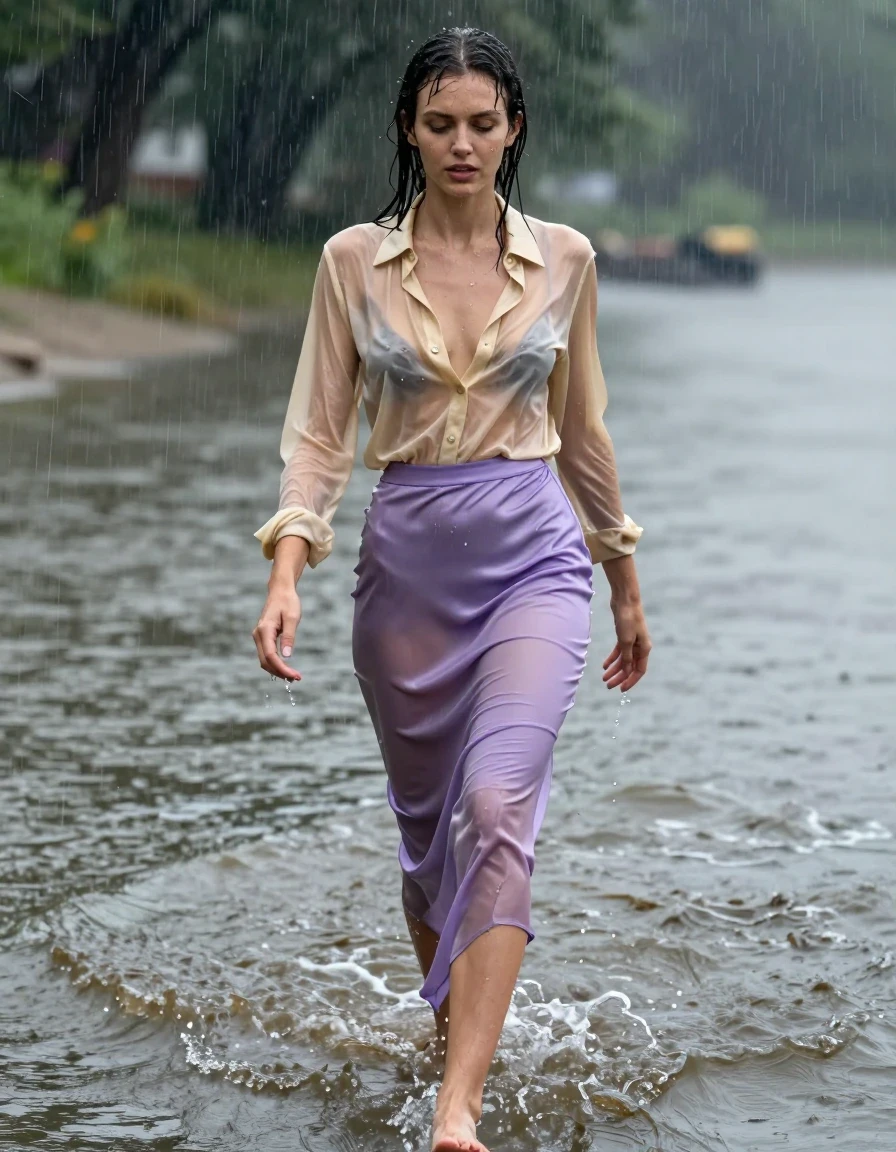 photo of young woman, in soaking wet, drenched clothes,
high-heels, see-throug hlight purple satin silk slim floor-length skirt, tranparent, light golden silk blouse,buttoned, long sleeves, no underwear, walking through the muddy waves in the water, 
enjoying, wet clothes stuck to body,
detailed textures of the wet clothes, wet face, wet plastered hair,
wet, drenched, professional, high-quality details, full body view.
sharp focus, ultra-high pixel detail, realistic, high-quality, full colors, incredibly detailed, 4k, 8k, 16k, hyper-realistic, RAW photo, masterpiece, ultra-detailed, professionally color graded, professional photograph, heavy rain, completely soaked, drenched, dripping wet, visible breasts, wet skin, wet clothes, damp fabric, wet skin, wet clothes, damp fabric, wet skin, wet clothes, damp fabric, wet skin, wet clothes, damp fabric, wet skin, wet clothes, damp fabric