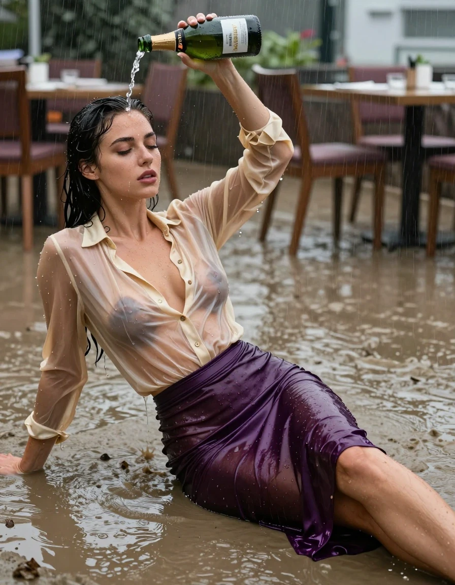 photo of young woman, in soaking wet, drenched clothes,
high-heels, see-through dark purple satin silk slim floor-length skirt, tranparent, light golden silk blouse,buttoned, long sleeves, no underwear, lying in the muddy surf in the water of a shower in a restaurant, 
enjoying, wet clothes stuck to body,
detailed textures of the wet clothes, wet face, wet plastered hair,
wet, drenched, professional, high-quality details, full body view.
sharp focus, ultra-high pixel detail, realistic, high-quality, full colors, incredibly detailed, 4k, 8k, 16k, hyper-realistic, RAW photo, masterpiece, ultra-detailed, professionally color graded, professional photograph, heavy rain, completely soaked, drenched, dripping wet, visible breasts, she pours a bottle of champagne over her head, wet skin, wet clothes, damp fabric, wet skin, wet clothes, damp fabric, wet skin, wet clothes, damp fabric, wet skin, wet clothes, damp fabric