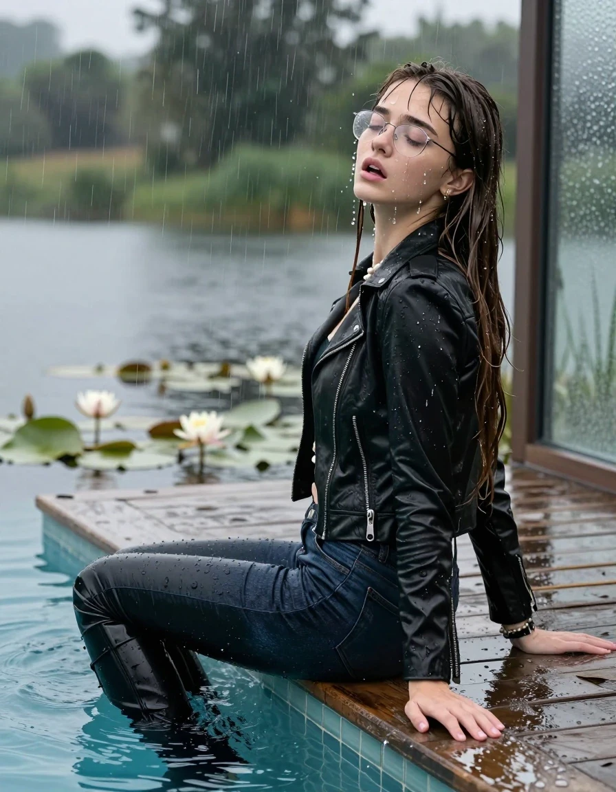 photo of young woman, in soaking wet, drenched clothes,
Black high boots, Thight levis skinny jeans, Black biker leatherjacket, tight v-neck sweater, shoulderbag, pearl necklace, bracelet, wristwatch, glasses, Orgasm at jetty by the lake with water lilies and reeds, 
enjoying, wet clothes stuck to body,
detailed textures of the wet clothes, wet face, wet plastered hair,
wet, drenched, professional, high-quality details, full body view.
sharp focus, ultra-high pixel detail, realistic, high-quality, full colors, incredibly detailed, 4k, 8k, 16k, hyper-realistic, RAW photo, masterpiece, ultra-detailed, professionally color graded, professional photograph, A realistic vertical fashion photograph taken from a backward, behind-the-back angle of a Young horny 12-year-old teengirl sitting  and let her falling in a glass-walled outdoor swimming pool, facing up to the camera to show her back. 

She is tilting her head at camera, letting the water drench her hair so it is glued flat against her head and body. 
She has  brunette Long straight hair with bangs, completely saturated and dripping wet hair, with water cascading down her face and neck. Afraid and astonished expression. She is a Little Bit fearful. Closed eyes.

The lighting is bright and cinematic, highlighting the glistening water droplets and the saturated texture of her  casual clothes. Outside the large glass wall of the pool building, heavy rain is visible falling against the window. Soft, moody indoor lighting with reflections on the water. High-quality fashion photography style.
her clothing is soaking wet and clinging tightly to her skin, showing heavy wet folds, darkened fabric texture, and deep water-saturated Patches, her clothes are heavy from the water, water runs from her body and her clothes in streams. A lot of water also runs out of her clothes. Her clothes are darkened by the water. 
hyper-realistic wetness, high-contrast water sheen, sharp focus, 16k resolution, professional photography, realistic water physics., wet skin, wet clothes, damp fabric., wet skin, wet clothes, damp fabric, wet skin, wet clothes, damp fabric, wet skin, wet clothes, damp fabric, wet skin, wet clothes, damp fabric, wet skin, wet clothes, damp fabric, wet skin, wet clothes, damp fabric, wet skin, wet clothes, damp fabric, wet skin, wet clothes, damp fabric