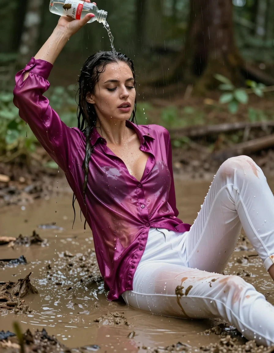 photo of young woman, in soaking wet, drenched clothes,
, white long jeans, dripping wet, shiny, see-through, tranparent, oversized magenta satin silk blouse, buttoned, long sleeves, no bra, shower, lying in a knee deep muddy puddle in the muddy water in the woods, pouring a bottle of muddy water over her head, 
enjoying, wet clothes stuck to body,
detailed textures of the wet clothes, wet face, wet plastered hair,
wet, drenched, professional, high-quality details, full body view.
sharp focus, ultra-high pixel detail, realistic, high-quality, full colors, incredibly detailed, 4k, 8k, 16k, hyper-realistic, RAW photo, masterpiece, ultra-detailed, professionally color graded, professional photograph, pourin water on her hair, muddy clothes, heavy rain, completely soaked, drenched, dripping wet, visible breasts, wet skin, mud in her hair, wet clothes, damp fabric, wet skin, wet clothes, damp fabric, wet skin, wet clothes, damp fabric, wet skin, wet clothes, damp fabric, wet clothes, damp fabric, wet skin, wet clothes, damp fabric