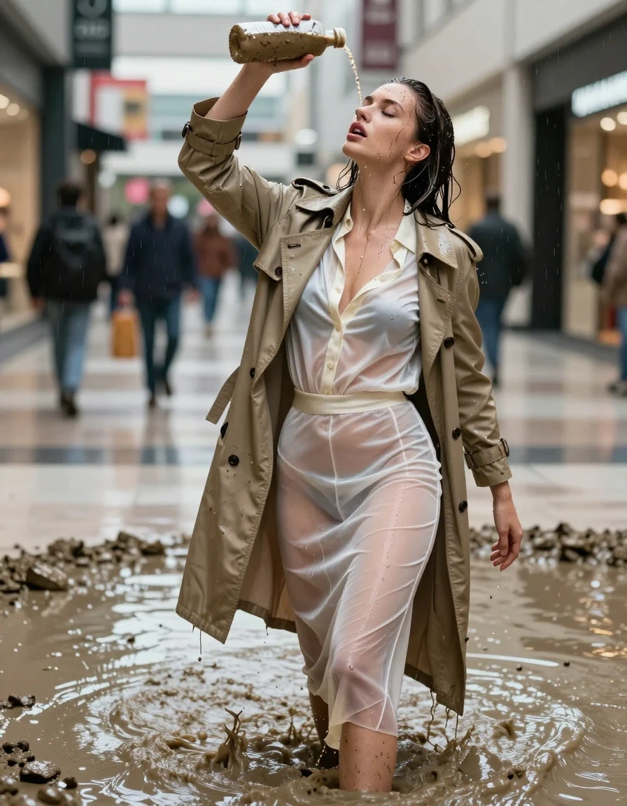 photo of young woman, in soaking wet, drenched clothes,
high-heels, see-through, transparent, crean white satin silk slim floor-length skirt, see-through, tranparent, cream white satin silk blouse, buttoned, long sleeves, trench coat, wading in a muddy puddle in the muddy water in the shopping mall, pouring a bottle of muddy water over her head, 
enjoying, wet clothes stuck to body,
detailed textures of the wet clothes, wet face, wet plastered hair,
wet, drenched, professional, high-quality details, full body view.
sharp focus, ultra-high pixel detail, realistic, high-quality, full colors, incredibly detailed, 4k, 8k, 16k, hyper-realistic, RAW photo, masterpiece, ultra-detailed, professionally color graded, professional photograph, muddy clothes, heavy rain, completely soaked, drenched, dripping wet, visible breasts, wet skin, wet clothes, damp fabric, wet skin, wet clothes, damp fabric, wet skin, wet clothes, damp fabric, wet skin, wet clothes, damp fabric, wet skin, wet clothes, damp fabric, wet skin, wet clothes, damp fabric