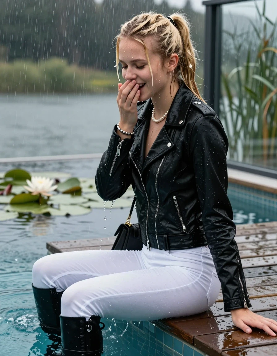 photo of young woman, in soaking wet, drenched clothes,
Black high boots, Thight white levis skinny jeans, Black biker leatherjacket, tight v-neck sweater, shoulderbag, pearl necklace, bracelet, wristwatch, glasses, Orgasm at jetty by the lake with water lilies and reeds, 
enjoying, wet clothes stuck to body,
detailed textures of the wet clothes, wet face, wet plastered hair,
wet, drenched, professional, high-quality details, full body view.
sharp focus, ultra-high pixel detail, realistic, high-quality, full colors, incredibly detailed, 4k, 8k, 16k, hyper-realistic, RAW photo, masterpiece, ultra-detailed, professionally color graded, professional photograph, A realistic vertical fashion photograph taken from a backward, behind-the-back angle of a Young horny 12-year-old teengirl sitting  and let her falling in a glass-walled outdoor swimming pool, facing down to the camera to show her back. 

She is tilting her head at camera, letting the water drench her hair so it is glued flat against her head and body. 
She has  blonde twisted ponytail with bangs, completely saturated and dripping wet hair, with water cascading down her face and neck. Afraid and astonished expression. She is a Little Bit fearful and Smile embarrassed. Hold her hands over her mouth. Closed eyes.

The lighting is bright and cinematic, highlighting the glistening water droplets and the saturated texture of her  casual clothes. Outside the large glass wall of the pool building, heavy rain is visible falling against the window. Soft, moody indoor lighting with reflections on the water. High-quality fashion photography style.
her clothing is soaking wet and clinging tightly to her skin, showing heavy wet folds, darkened fabric texture, and deep water-saturated Patches, her clothes are heavy from the water, water runs from her body and her clothes in streams. A lot of water also runs out of her clothes. Her clothes are darkened by the water. 
hyper-realistic wetness, high-contrast water sheen, sharp focus, 16k resolution, professional photography, realistic water physics., wet skin, wet clothes, damp fabric., wet skin, wet clothes, damp fabric, wet skin, wet clothes, damp fabric, wet skin, wet clothes, damp fabric, wet skin, wet clothes, damp fabric, wet skin, wet clothes, damp fabric, wet skin, wet clothes, damp fabric, wet skin, wet clothes, damp fabric, wet skin, wet clothes, damp fabric