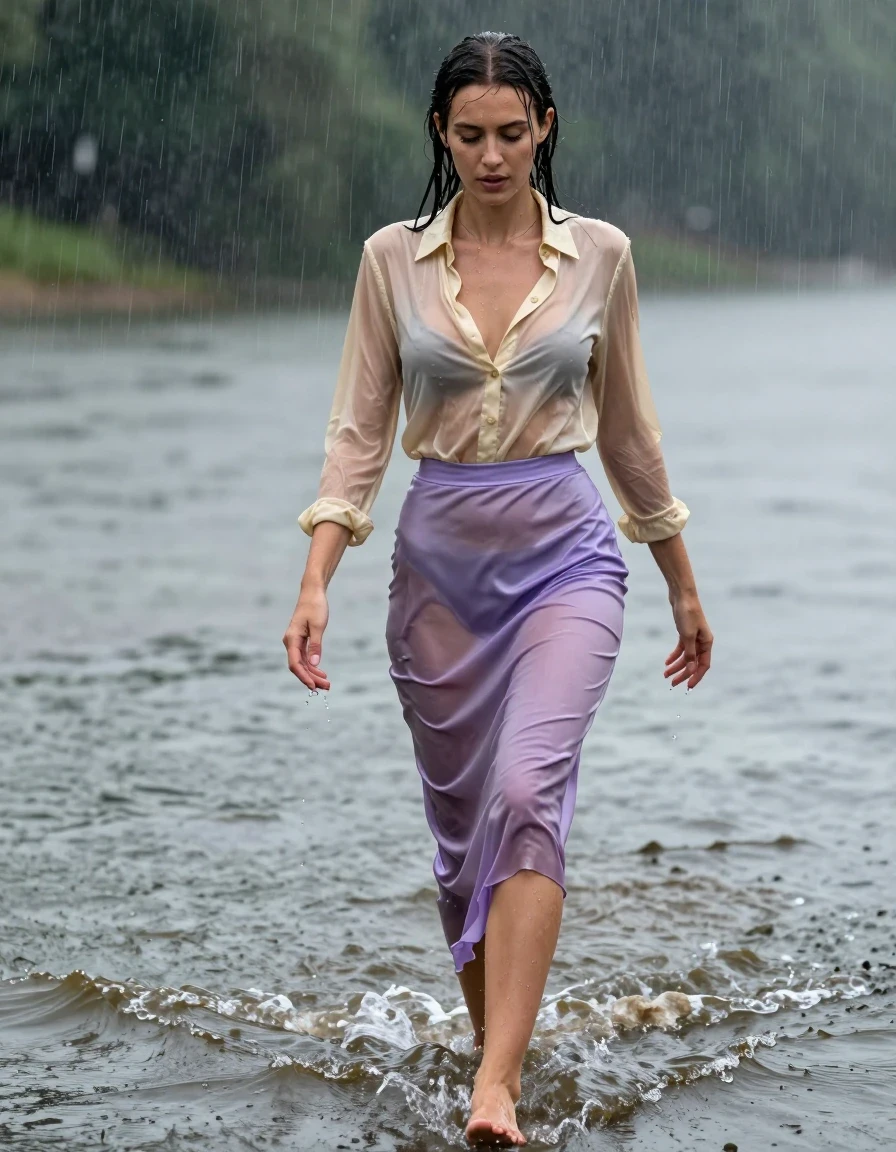 photo of young woman, in soaking wet, drenched clothes,
high-heels, see-throug hlight purple satin silk slim floor-length skirt, tranparent, light golden silk blouse,buttoned, long sleeves, no underwear, walking through the muddy waves in the water, 
enjoying, wet clothes stuck to body,
detailed textures of the wet clothes, wet face, wet plastered hair,
wet, drenched, professional, high-quality details, full body view.
sharp focus, ultra-high pixel detail, realistic, high-quality, full colors, incredibly detailed, 4k, 8k, 16k, hyper-realistic, RAW photo, masterpiece, ultra-detailed, professionally color graded, professional photograph, heavy rain, completely soaked, drenched, dripping wet, visible breasts, wet skin, wet clothes, damp fabric, wet skin, wet clothes, damp fabric, wet skin, wet clothes, damp fabric, wet skin, wet clothes, damp fabric, wet skin, wet clothes, damp fabric