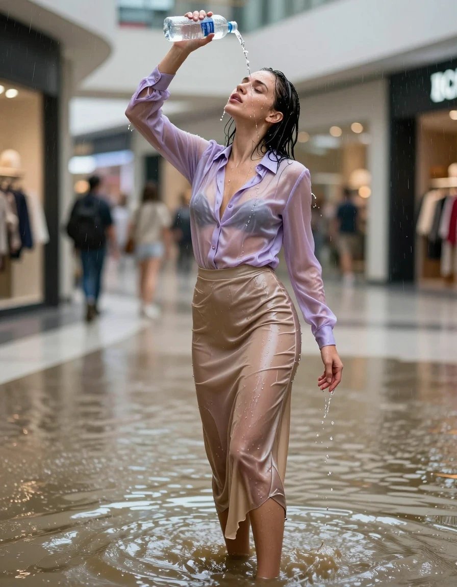 photo of young woman, in soaking wet, drenched clothes,
high-heels, see-throug hlight golden satin silk slim floor-length skirt, tranparent, light purple silk blouse,buttoned, long sleeves, no underwear, standing in the muddy water in the shopping mall pouring a bottle of water over her head, 
enjoying, wet clothes stuck to body,
detailed textures of the wet clothes, wet face, wet plastered hair,
wet, drenched, professional, high-quality details, full body view.
sharp focus, ultra-high pixel detail, realistic, high-quality, full colors, incredibly detailed, 4k, 8k, 16k, hyper-realistic, RAW photo, masterpiece, ultra-detailed, professionally color graded, professional photograph, heavy rain, completely soaked, drenched, dripping wet, visible breasts, wet skin, wet clothes, damp fabric, wet skin, wet clothes, damp fabric, wet skin, wet clothes, damp fabric, wet skin, wet clothes, damp fabric, wet skin, wet clothes, damp fabric