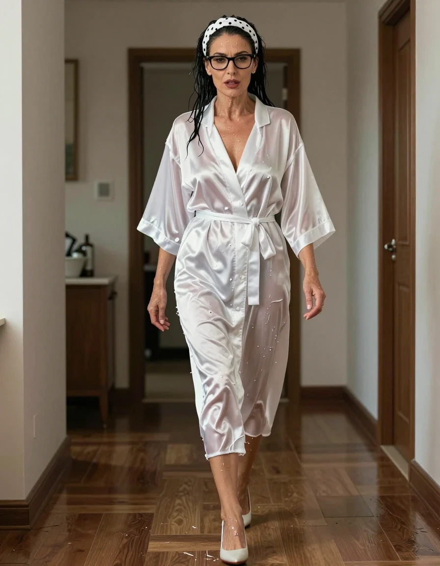 photo of young woman, in soaking wet, drenched clothes,
high-heeled shoes, maxi white Satin dress housecoat, maxi white Satin dress housecoat, walking on the hall of his house, 
enjoying, wet clothes stuck to body,
detailed textures of the wet clothes, wet face, wet plastered hair,
wet, drenched, professional, high-quality details, full body view.
sharp focus, ultra-high pixel detail, realistic, high-quality, full colors, incredibly detailed, 4k, 8k, 16k, hyper-realistic, RAW photo, masterpiece, ultra-detailed, professionally color graded, professional photograph, european brunette skinny woman 50 years old, long dark black hair, white polka-dot headband, office glasses, very big and thick lips, complete body, wet skin, wet clothes, damp fabric, wet skin, wet clothes, damp fabric, wet skin, wet clothes, damp fabric, wet skin, wet clothes, damp fabric, wet skin, wet clothes, damp fabric, wet skin, wet clothes, damp fabric, wet skin, wet clothes, damp fabric