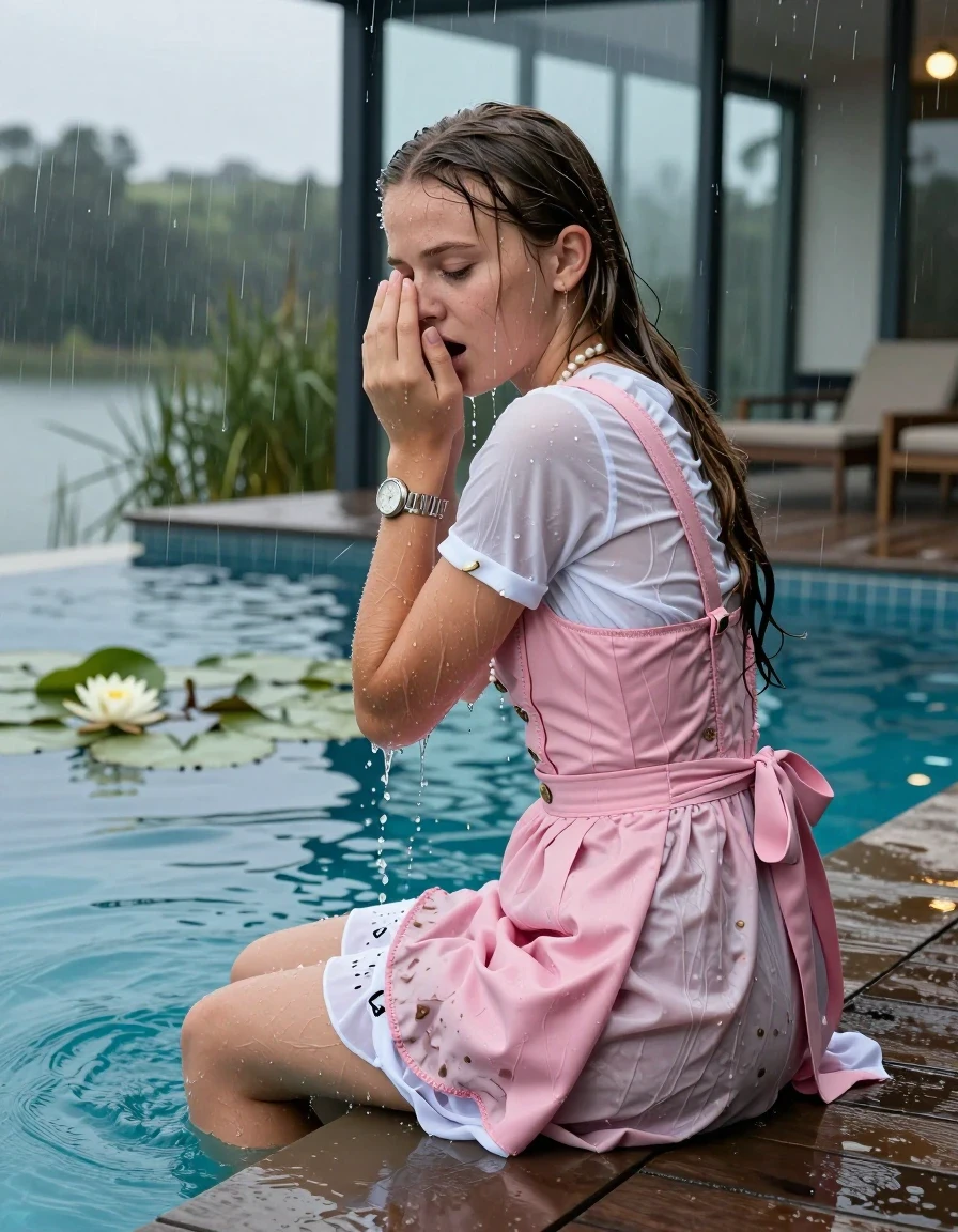 photo of young woman, in soaking wet, drenched clothes,
White converse, , Short pink Dirndl, shoulderbag, pearl necklace, bracelet, wristwatch, jetty by the lake with water lilies and reeds, 
enjoying, wet clothes stuck to body,
detailed textures of the wet clothes, wet face, wet plastered hair,
wet, drenched, professional, high-quality details, full body view.
sharp focus, ultra-high pixel detail, realistic, high-quality, full colors, incredibly detailed, 4k, 8k, 16k, hyper-realistic, RAW photo, masterpiece, ultra-detailed, professionally color graded, professional photograph, A realistic vertical fashion photograph taken from a backward, behind-the-back angle of a. Young horny 12-year-old teengirl sitting, leaning forward and let her falling in a glass-walled outdoor swimming pool, facing up to the camera to show her back. 

She is tilting her head at camera, letting the water drench her hair so it is glued flat against her head and body. 
She has  brunette Sleek Long straight hair with braids, completely saturated and dripping wet hair, with water cascading down her face and neck. Afraid and astonished expression. She is a Little Bit fearful. Hold her hands over her nose. Closed eyes.

The lighting is bright and cinematic, highlighting the glistening water droplets and the saturated texture of her  casual clothes. Outside the large glass wall of the pool building, heavy rain is visible falling against the window. Soft, moody indoor lighting with reflections on the water. High-quality fashion photography style.
her clothing is soaking wet and clinging tightly to her skin, showing heavy wet folds, darkened fabric texture, and deep water-saturated Patches, her clothes are heavy from the water, water runs from her body and her clothes in streams. A lot of water also runs out of her clothes. Her clothes are darkened by the water. 
hyper-realistic wetness, high-contrast water sheen, sharp focus, 16k resolution, professional photography, realistic water physics., wet skin, wet clothes, damp fabric., wet skin, wet clothes, damp fabric, wet skin, wet clothes, damp fabric, wet skin, wet clothes, damp fabric, wet skin, wet clothes, damp fabric, wet skin, wet clothes, damp fabric, wet skin, wet clothes, damp fabric, wet skin, wet clothes, damp fabric, wet skin, wet clothes, damp fabric, wet skin, wet clothes, damp fabric