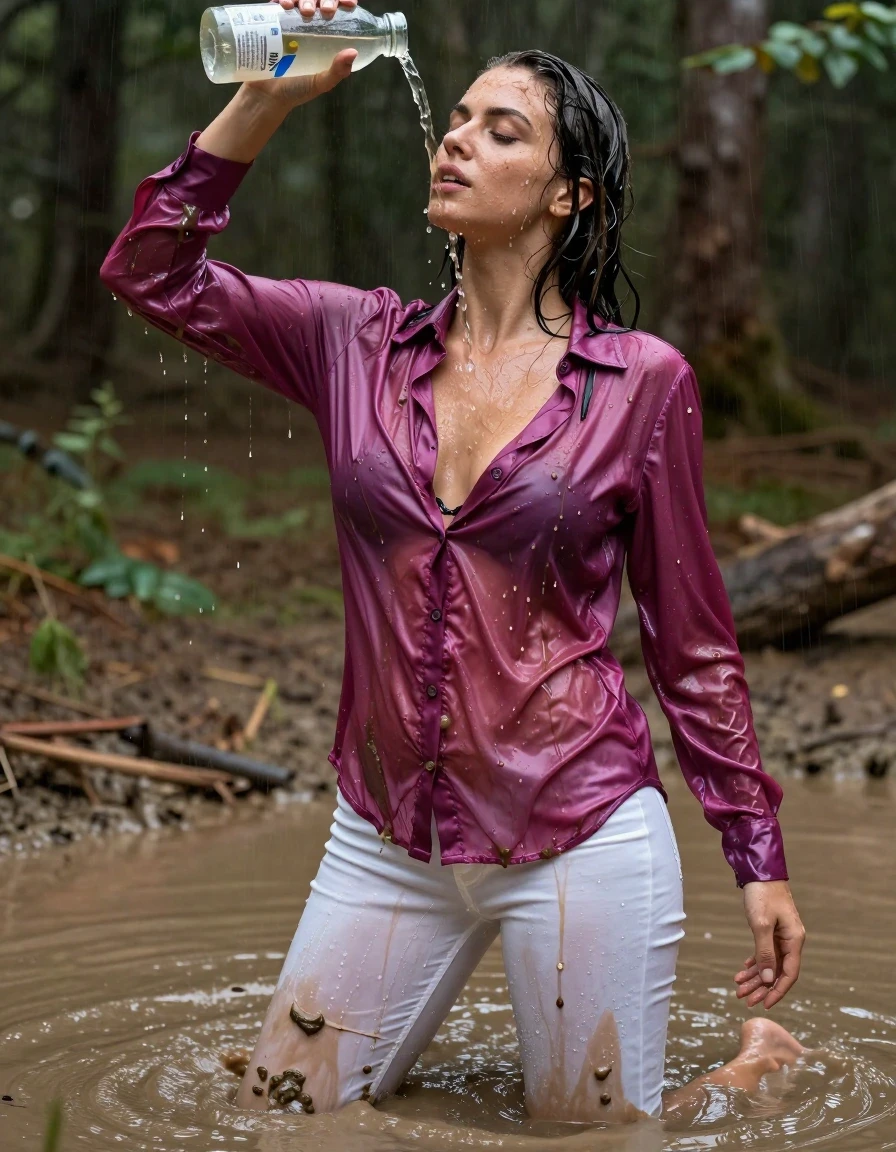 photo of young woman, in soaking wet, drenched clothes,
, white long jeans, dripping wet, shiny, see-through, tranparent, oversized long magenta satin silk blouse, buttoned, long sleeves, no bra, shower, standing in a knee deep muddy puddle in the muddy water in the woods, pouring a bottle of muddy water over her head, 
enjoying, wet clothes stuck to body,
detailed textures of the wet clothes, wet face, wet plastered hair,
wet, drenched, professional, high-quality details, full body view.
sharp focus, ultra-high pixel detail, realistic, high-quality, full colors, incredibly detailed, 4k, 8k, 16k, hyper-realistic, RAW photo, masterpiece, ultra-detailed, professionally color graded, professional photograph, pourin water on her breasts, muddy clothes, heavy rain, completely soaked, drenched, dripping wet, visible breasts, wet skin, mud in her hair, wet clothes, damp fabric, wet skin, wet clothes, damp fabric, wet skin, wet clothes, damp fabric, wet skin, wet clothes, damp fabric, wet clothes, damp fabric, wet skin, wet clothes, damp fabric