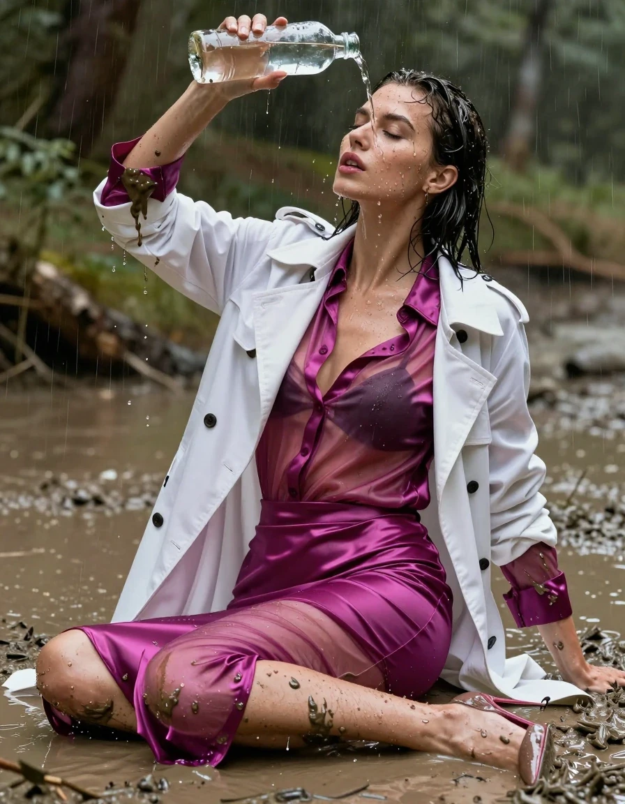 photo of young woman, in soaking wet, drenched clothes,
high-heels, see-through, oversized magenta satin silk slim floor-length skirt, see-through, tranparent, oversized magenta satin silk blouse, buttoned, long sleeves, white trench coat, sitting in a muddy puddle in the muddy water in the woods, pouring a bottle of muddy water over her head, 
enjoying, wet clothes stuck to body,
detailed textures of the wet clothes, wet face, wet plastered hair,
wet, drenched, professional, high-quality details, full body view.
sharp focus, ultra-high pixel detail, realistic, high-quality, full colors, incredibly detailed, 4k, 8k, 16k, hyper-realistic, RAW photo, masterpiece, ultra-detailed, professionally color graded, professional photograph, muddy clothes, heavy rain, completely soaked, drenched, dripping wet, visible breasts, wet skin, wet clothes, damp fabric, wet skin, wet clothes, damp fabric, wet skin, wet clothes, damp fabric, wet skin, wet clothes, damp fabric, wet skin, wet clothes, damp fabric, wet skin, wet clothes, damp fabric