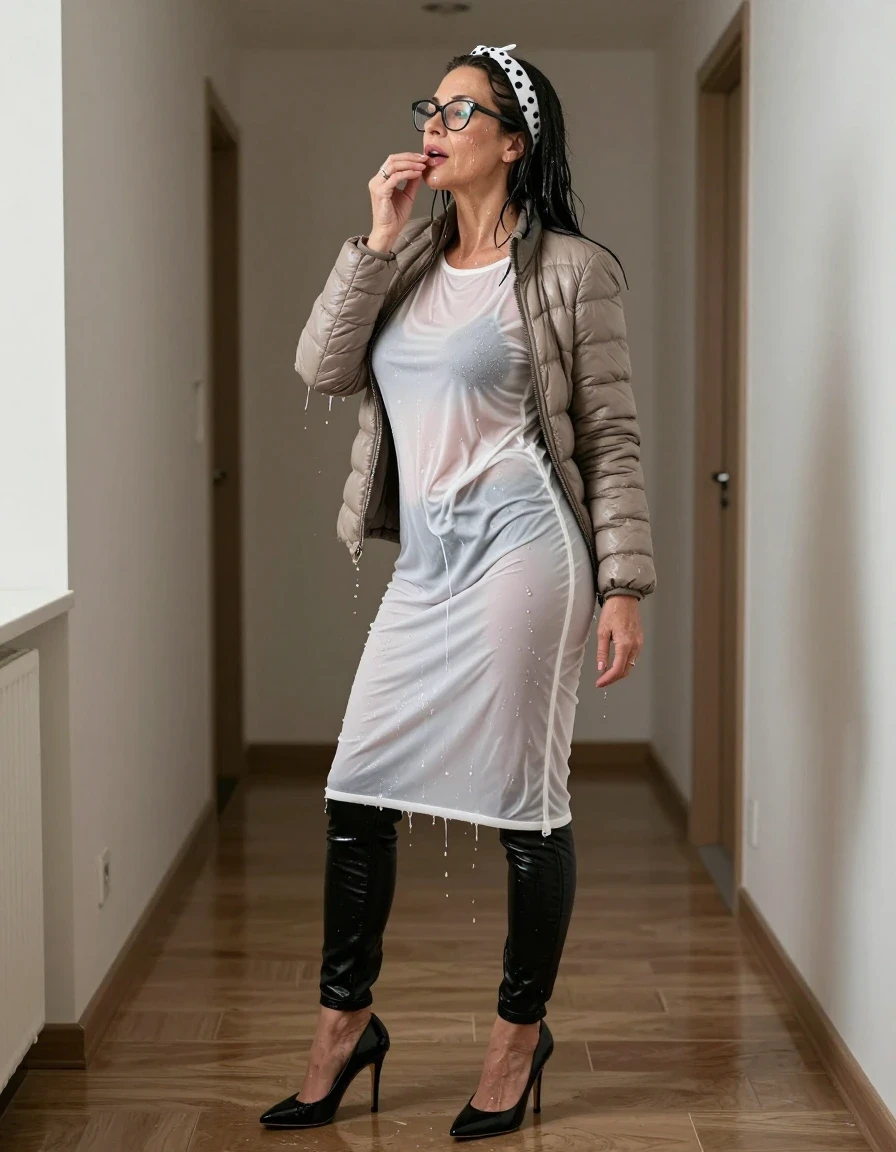 photo of young woman, in soaking wet, drenched clothes,
high-heeled shoes, long black leather jeans, midi white sweater with a neckline, light brown down jacket, on the hall of his house, 
enjoying, wet clothes stuck to body,
detailed textures of the wet clothes, wet face, wet plastered hair,
wet, drenched, professional, high-quality details, full body view.
sharp focus, ultra-high pixel detail, realistic, high-quality, full colors, incredibly detailed, 4k, 8k, 16k, hyper-realistic, RAW photo, masterpiece, ultra-detailed, professionally color graded, professional photograph, european brunette skinny woman 50 years old, long dark black hair, white polka-dot headband, office glasses, very big and thick lips, complete body, wet skin, wet clothes, damp fabric, wet skin, wet clothes, damp fabric, wet skin, wet clothes, damp fabric, wet skin, wet clothes, damp fabric, wet skin, wet clothes, damp fabric, wet skin, wet clothes, damp fabric, wet skin, wet clothes, damp fabric
