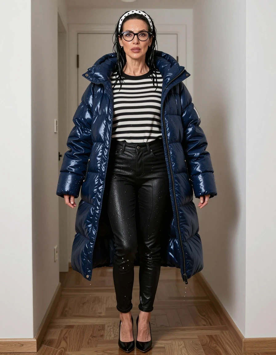 photo of young woman, in soaking wet, drenched clothes,
high-heeled shoes, long black leather jeans, midi black & white striped sweater with a neckline, maxi shiny dark blue puffer down jacket, on the hall of his house, 
enjoying, wet clothes stuck to body,
detailed textures of the wet clothes, wet face, wet plastered hair,
wet, drenched, professional, high-quality details, full body view.
sharp focus, ultra-high pixel detail, realistic, high-quality, full colors, incredibly detailed, 4k, 8k, 16k, hyper-realistic, RAW photo, masterpiece, ultra-detailed, professionally color graded, professional photograph, european brunette skinny woman 50 years old, long dark black hair, white polka-dot headband, office glasses, very big and thick lips, complete body, wet skin, wet clothes, damp fabric, wet skin, wet clothes, damp fabric, wet skin, wet clothes, damp fabric, wet skin, wet clothes, damp fabric, wet skin, wet clothes, damp fabric, wet skin, wet clothes, damp fabric, wet skin, wet clothes, damp fabric