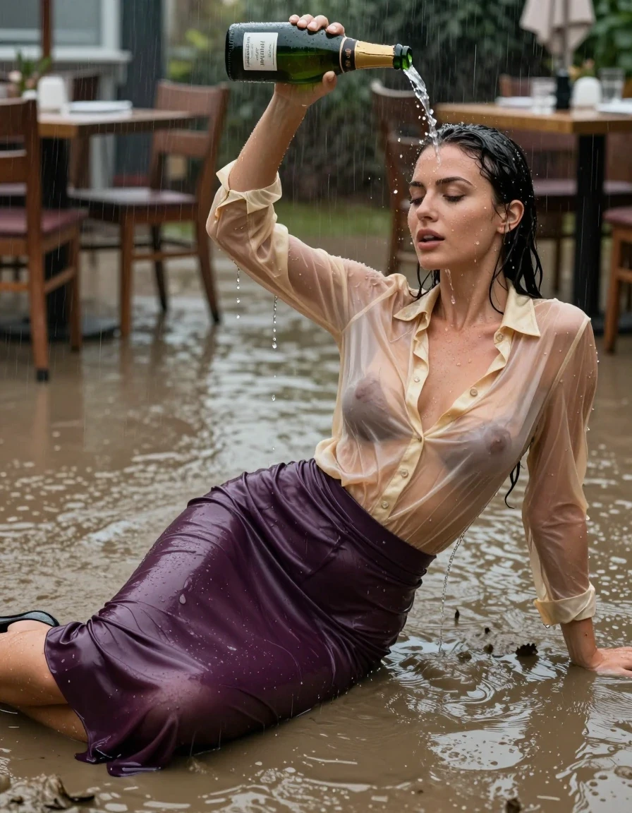 photo of young woman, in soaking wet, drenched clothes,
high-heels, see-through dark purple satin silk slim floor-length skirt, tranparent, light golden silk blouse,buttoned, long sleeves, no underwear, lying in the muddy surf in the water of a shower in a restaurant, 
enjoying, wet clothes stuck to body,
detailed textures of the wet clothes, wet face, wet plastered hair,
wet, drenched, professional, high-quality details, full body view.
sharp focus, ultra-high pixel detail, realistic, high-quality, full colors, incredibly detailed, 4k, 8k, 16k, hyper-realistic, RAW photo, masterpiece, ultra-detailed, professionally color graded, professional photograph, heavy rain, completely soaked, drenched, dripping wet, visible breasts, she pours a bottle of champagne over her head, wet skin, wet clothes, damp fabric, wet skin, wet clothes, damp fabric, wet skin, wet clothes, damp fabric, wet skin, wet clothes, damp fabric