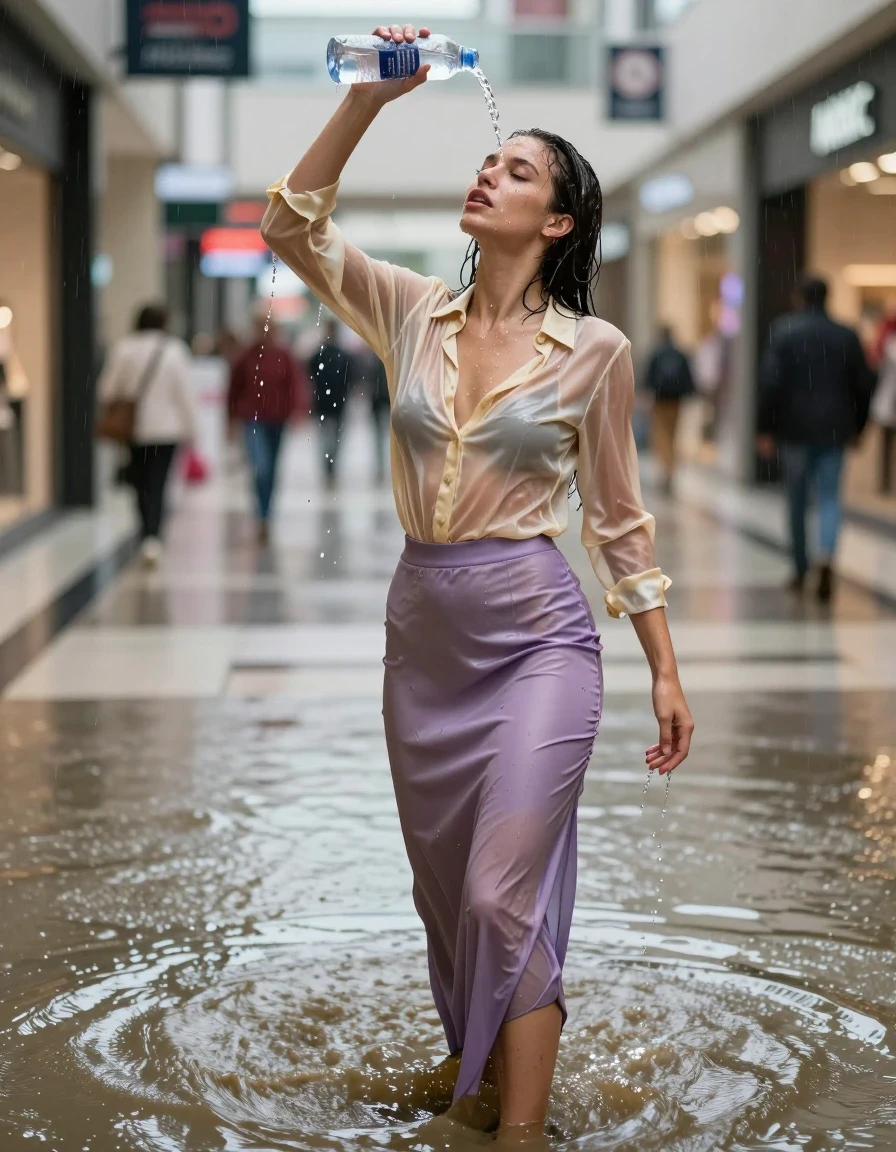 photo of young woman, in soaking wet, drenched clothes,
high-heels, see-throug hlight purple satin silk slim floor-length skirt, tranparent, light golden silk blouse,buttoned, long sleeves, no underwear, standing in the muddy water in the shopping mall pouring a bottle of water over her head, 
enjoying, wet clothes stuck to body,
detailed textures of the wet clothes, wet face, wet plastered hair,
wet, drenched, professional, high-quality details, full body view.
sharp focus, ultra-high pixel detail, realistic, high-quality, full colors, incredibly detailed, 4k, 8k, 16k, hyper-realistic, RAW photo, masterpiece, ultra-detailed, professionally color graded, professional photograph, heavy rain, completely soaked, drenched, dripping wet, visible breasts, wet skin, wet clothes, damp fabric, wet skin, wet clothes, damp fabric, wet skin, wet clothes, damp fabric, wet skin, wet clothes, damp fabric, wet skin, wet clothes, damp fabric