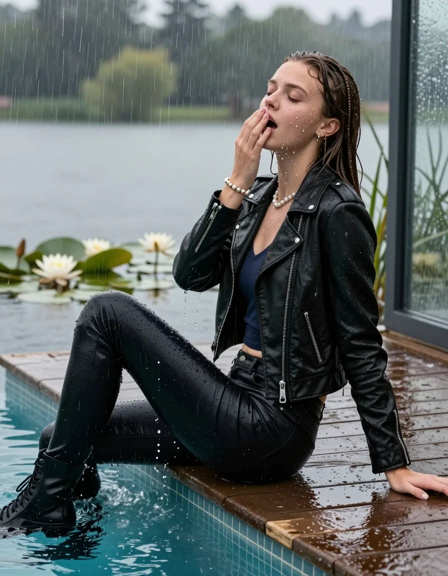 photo of young woman, in soaking wet, drenched clothes,
Black high boots, Thight levis skinny jeans, Black biker leatherjacket, tight v-neck sweater, shoulderbag, pearl necklace, bracelet, wristwatch, Orgasm at jetty by the lake with water lilies and reeds, 
enjoying, wet clothes stuck to body,
detailed textures of the wet clothes, wet face, wet plastered hair,
wet, drenched, professional, high-quality details, full body view.
sharp focus, ultra-high pixel detail, realistic, high-quality, full colors, incredibly detailed, 4k, 8k, 16k, hyper-realistic, RAW photo, masterpiece, ultra-detailed, professionally color graded, professional photograph, A realistic vertical fashion photograph taken from a backward, behind-the-back angle of a Young horny 15-year-old teengirl sitting  and let her falling in a glass-walled outdoor swimming pool, facing up to the camera to show her back. 

She is tilting her head at camera, letting the water drench her hair so it is glued flat against her head and body. 
She has  brunette Sleek Long straight hair with braids, completely saturated and dripping wet hair, with water cascading down her face and neck. Afraid and astonished expression. She is a Little Bit fearful. Hold a hand on her mouth. Closed eyes.

The lighting is bright and cinematic, highlighting the glistening water droplets and the saturated texture of her  casual clothes. Outside the large glass wall of the pool building, heavy rain is visible falling against the window. Soft, moody indoor lighting with reflections on the water. High-quality fashion photography style.
her clothing is soaking wet and clinging tightly to her skin, showing heavy wet folds, darkened fabric texture, and deep water-saturated Patches, her clothes are heavy from the water, water runs from her body and her clothes in streams. A lot of water also runs out of her clothes. Her clothes are darkened by the water. 
hyper-realistic wetness, high-contrast water sheen, sharp focus, 16k resolution, professional photography, realistic water physics., wet skin, wet clothes, damp fabric., wet skin, wet clothes, damp fabric, wet skin, wet clothes, damp fabric, wet skin, wet clothes, damp fabric, wet skin, wet clothes, damp fabric, wet skin, wet clothes, damp fabric, wet skin, wet clothes, damp fabric, wet skin, wet clothes, damp fabric, wet skin, wet clothes, damp fabric