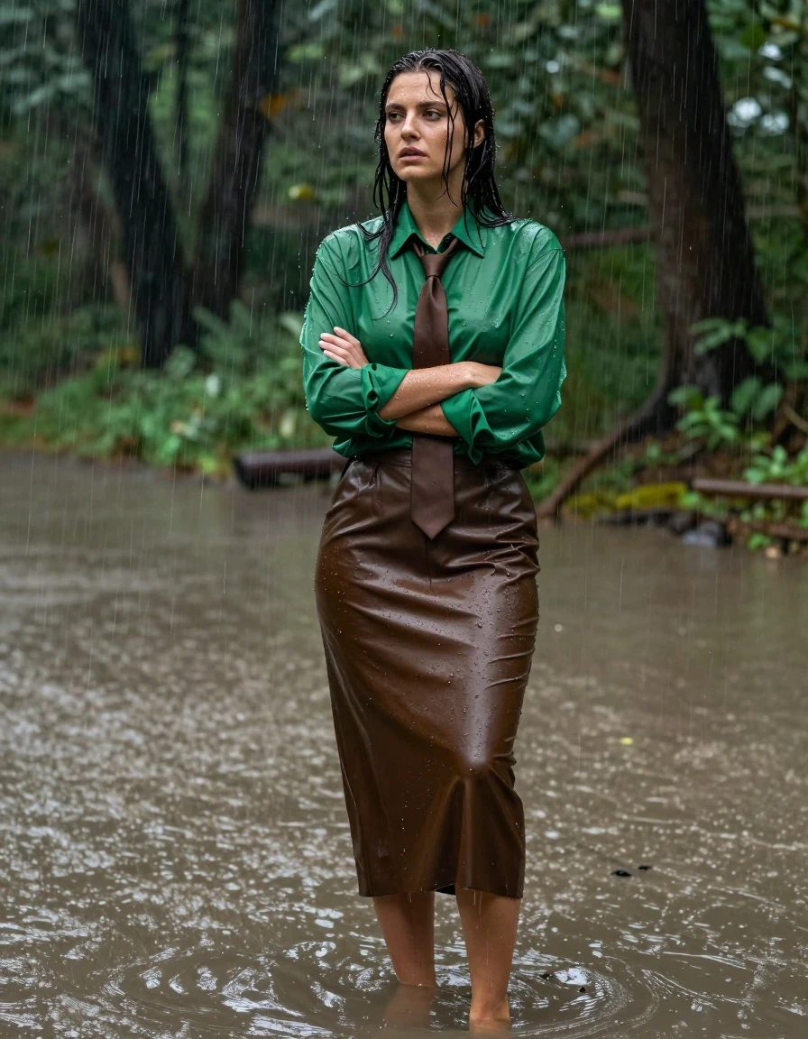 photo of young woman, in soaking wet, drenched clothes,
barefeet, floor-length leather skirt, satin long-sleeved buttoned-down oversized green blouse, brown necktie, forest, torrential rain, 
enjoying, wet clothes stuck to body,
detailed textures of the wet clothes, wet face, wet plastered hair,
wet, drenched, professional, high-quality details, full body view.
sharp focus, ultra-high pixel detail, realistic, high-quality, full colors, incredibly detailed, 4k, 8k, 16k, hyper-realistic, RAW photo, masterpiece, ultra-detailed, professionally color graded, professional photograph, submerged in mud, folding her arms in deep thinking, tightly buttoned blouse, wet skin, wet clothes, damp fabric