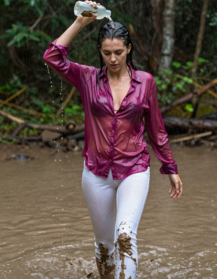 photo of young woman, in soaking wet, drenched clothes,
, white jeans, dripping wet, shiny, see-through, tranparent, oversized magenta satin silk blouse, buttoned, long sleeves, no bra, shower, walking in a knee deep muddy puddle in the muddy water in the woods, pouring a bottle of muddy water over her head, 
enjoying, wet clothes stuck to body,
detailed textures of the wet clothes, wet face, wet plastered hair,
wet, drenched, professional, high-quality details, full body view.
sharp focus, ultra-high pixel detail, realistic, high-quality, full colors, incredibly detailed, 4k, 8k, 16k, hyper-realistic, RAW photo, masterpiece, ultra-detailed, professionally color graded, professional photograph, muddy clothes, heavy rain, completely soaked, drenched, dripping wet, visible breasts, wet skin, mud in her hair, wet clothes, damp fabric, wet skin, wet clothes, damp fabric, wet skin, wet clothes, damp fabric, wet skin, wet clothes, damp fabric, wet clothes, damp fabric, wet skin, wet clothes, damp fabric