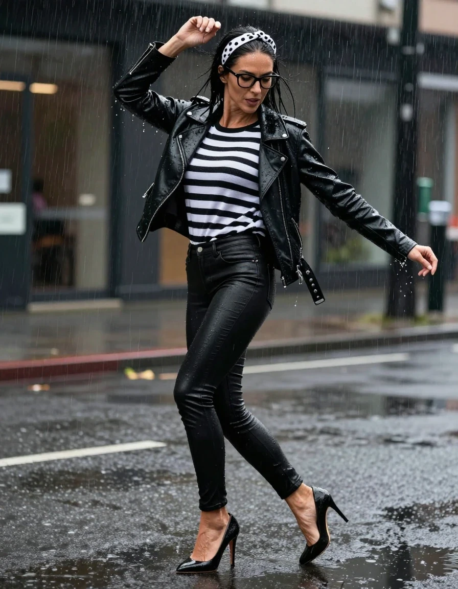photo of young woman, in soaking wet, drenched clothes,
high-heeled shoes, long black leather jeans, midi black & white striped sweater with a neckline, , black byker leather jacket, dancing under hard rain, 
enjoying, wet clothes stuck to body,
detailed textures of the wet clothes, wet face, wet plastered hair,
wet, drenched, professional, high-quality details, full body view.
sharp focus, ultra-high pixel detail, realistic, high-quality, full colors, incredibly detailed, 4k, 8k, 16k, hyper-realistic, RAW photo, masterpiece, ultra-detailed, professionally color graded, professional photograph, european brunette skinny woman 50 years old, long dark black hair, white polka-dot headband, office glasses, very big and thick lips, complete body, wet skin, wet clothes, damp fabric, wet skin, wet clothes, damp fabric, wet skin, wet clothes, damp fabric, wet skin, wet clothes, damp fabric, wet skin, wet clothes, damp fabric, wet skin, wet clothes, damp fabric, wet skin, wet clothes, damp fabric