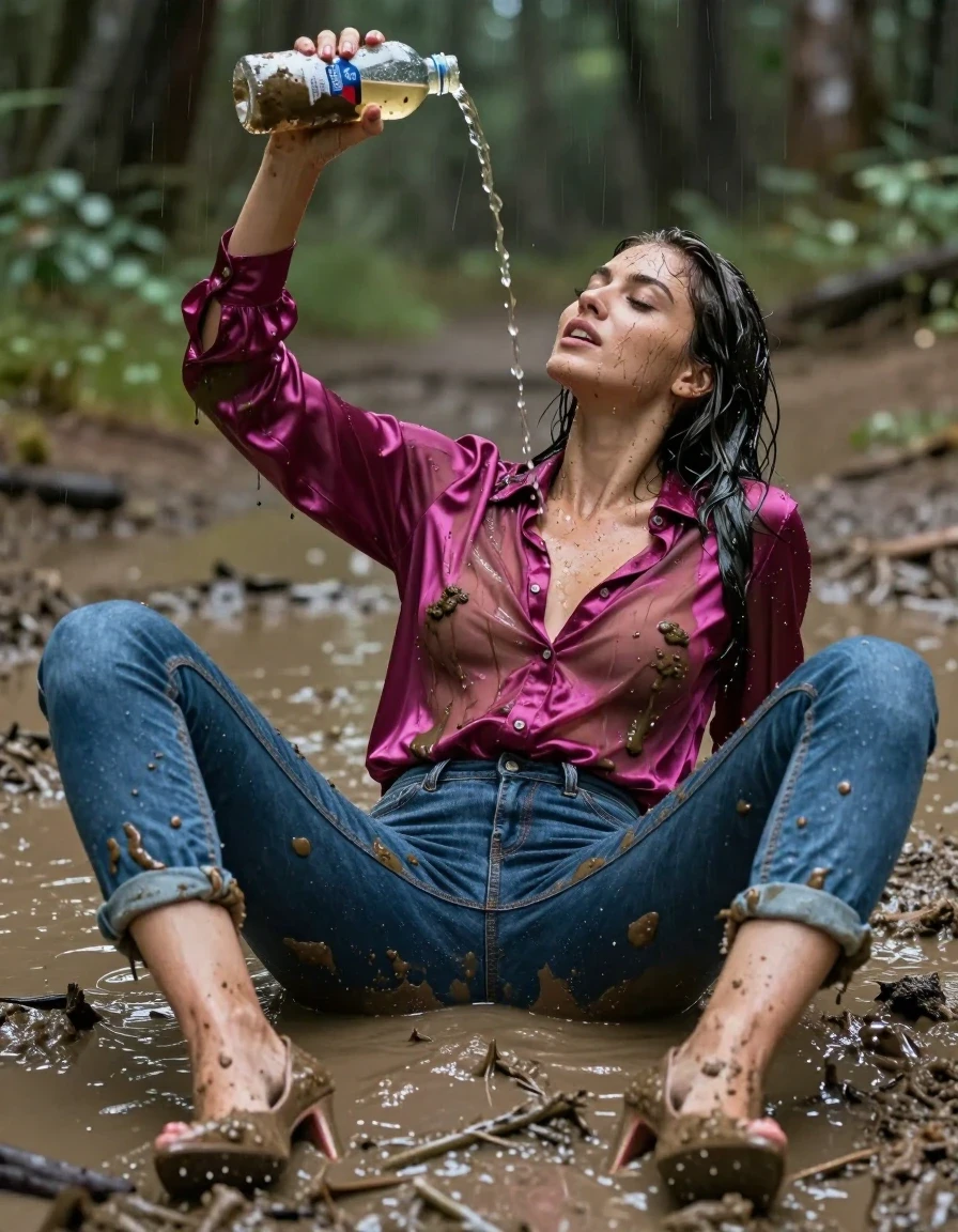 photo of young woman, in soaking wet, drenched clothes,
high-heels, blue jeans, see-through, tranparent, oversized magenta satin silk blouse, buttoned, long sleeves, lie on her back in a muddy puddle in the muddy water in the woods, pouring a bottle of muddy water over her head, 
enjoying, wet clothes stuck to body,
detailed textures of the wet clothes, wet face, wet plastered hair,
wet, drenched, professional, high-quality details, full body view.
sharp focus, ultra-high pixel detail, realistic, high-quality, full colors, incredibly detailed, 4k, 8k, 16k, hyper-realistic, RAW photo, masterpiece, ultra-detailed, professionally color graded, professional photograph, muddy clothes, heavy rain, completely soaked, drenched, dripping wet, visible breasts, wet skin, mud in her hair, wet clothes, damp fabric, wet skin, wet clothes, damp fabric, wet skin, wet clothes, damp fabric, wet skin, wet clothes, damp fabric, wet clothes, damp fabric, wet skin, wet clothes, damp fabric