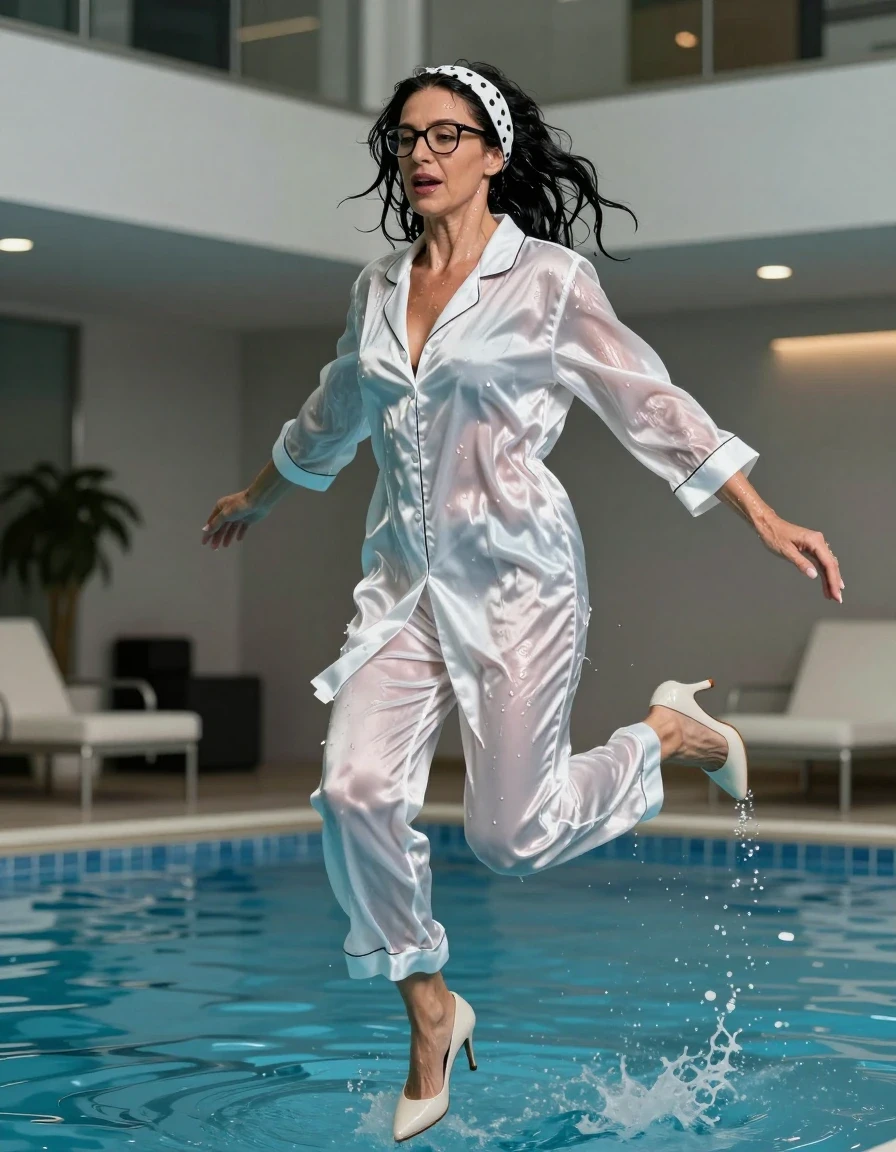 photo of young woman, in soaking wet, drenched clothes,
high-heeled shoes, white satin pajama with long trousers, white satin pijama, maxi white Satin housecoat, jumping  in indoor swiming pool, 
enjoying, wet clothes stuck to body,
detailed textures of the wet clothes, wet face, wet plastered hair,
wet, drenched, professional, high-quality details, full body view.
sharp focus, ultra-high pixel detail, realistic, high-quality, full colors, incredibly detailed, 4k, 8k, 16k, hyper-realistic, RAW photo, masterpiece, ultra-detailed, professionally color graded, professional photograph, european brunette skinny woman 50 years old, long dark black hair, white polka-dot headband, office glasses, very big and thick lips, complete body, wet skin, wet clothes, damp fabric, wet skin, wet clothes, damp fabric, wet skin, wet clothes, damp fabric, wet skin, wet clothes, damp fabric, wet skin, wet clothes, damp fabric, wet skin, wet clothes, damp fabric, wet skin, wet clothes, damp fabric
