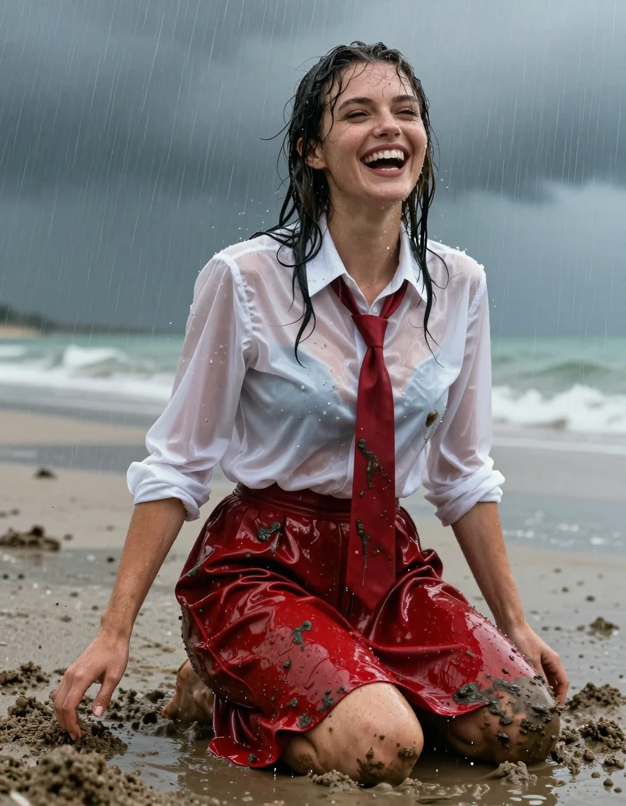 A photorealistic medium shot of a young adult European woman with wet, rain-slicked hair and glistening, water-drenched skin, rolling in the thick mud on an empty beach during a torrential downpour. She is wearing an oversized white satin long-sleeved buttoned-down blouse that is completely soaked through, clinging to her skin with heavy, translucent folds, paired with a floor-length red silk skirt that is heavily saturated, darkened by water, and caked with mud. A wet red necktie hangs loosely around her collar. She is captured in a candid moment of joy, laughing while covered in mud and water. The fabric of her clothes is damp, heavy, and clinging, showing deep color shifts and dramatic water sheen. The scene is set on a desolate beach under dark, stormy skies, with heavy rain streaks visible in the air. High-contrast lighting, cinematic depth of field, hyper-realistic skin texture, wet-look aesthetic, sharp focus on the water droplets and mud-splattered texture, 8k resolution, professional photography.