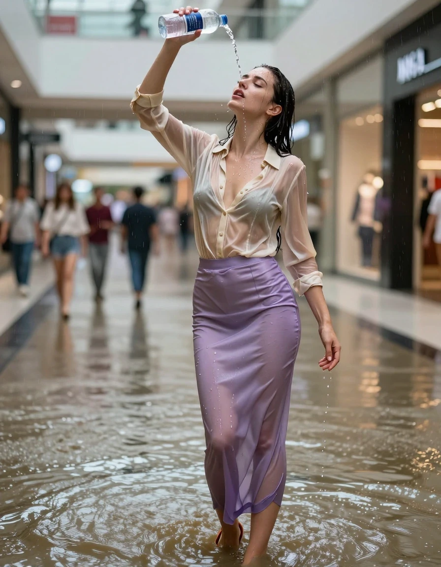photo of young woman, in soaking wet, drenched clothes,
high-heels, see-throug hlight purple satin silk slim floor-length skirt, tranparent, light golden silk blouse,buttoned, long sleeves, no underwear, standing in the muddy water in the shopping mall pouring a bottle of water over her head, 
enjoying, wet clothes stuck to body,
detailed textures of the wet clothes, wet face, wet plastered hair,
wet, drenched, professional, high-quality details, full body view.
sharp focus, ultra-high pixel detail, realistic, high-quality, full colors, incredibly detailed, 4k, 8k, 16k, hyper-realistic, RAW photo, masterpiece, ultra-detailed, professionally color graded, professional photograph, heavy rain, completely soaked, drenched, dripping wet, visible breasts, wet skin, wet clothes, damp fabric, wet skin, wet clothes, damp fabric, wet skin, wet clothes, damp fabric, wet skin, wet clothes, damp fabric, wet skin, wet clothes, damp fabric