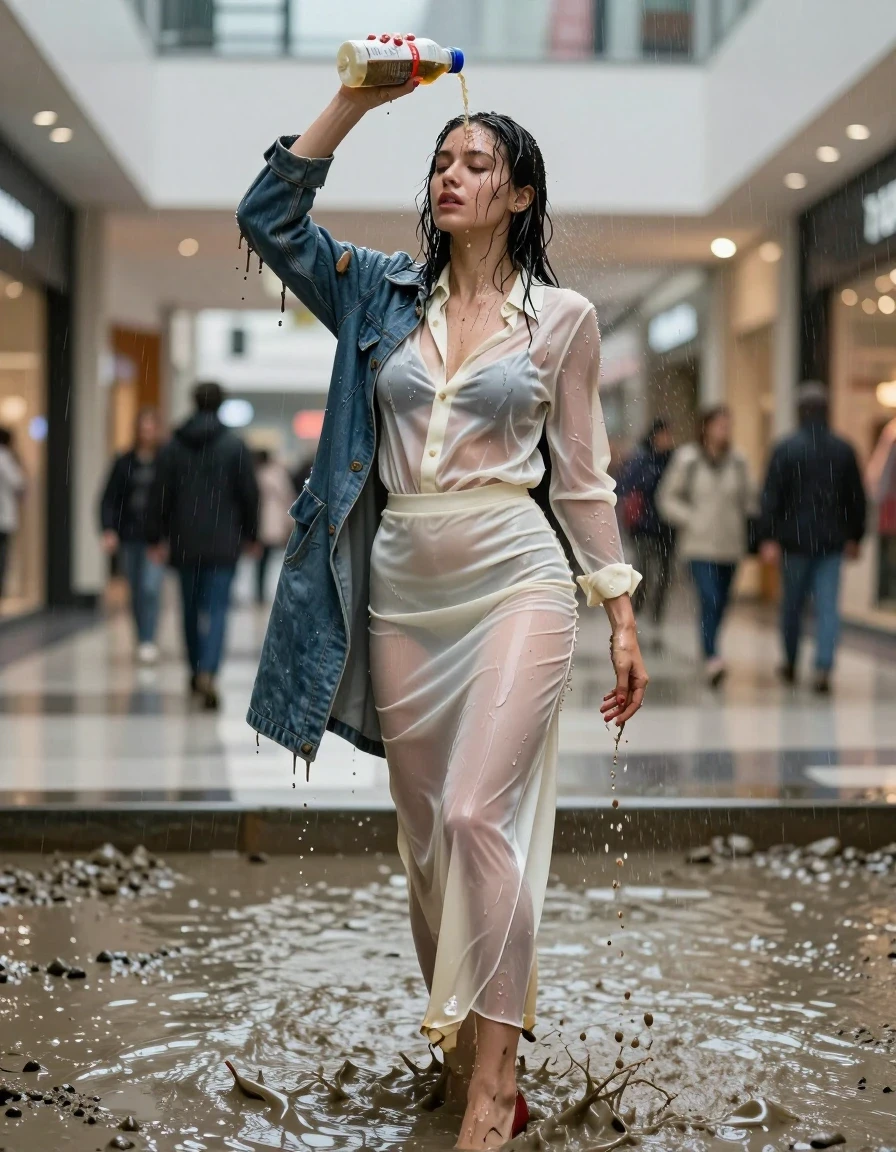 photo of young woman, in soaking wet, drenched clothes,
high-heels, see-through, transparent, crean white satin silk slim floor-length skirt, see-through, tranparent, cream white satin silk blouse, buttoned, long sleeves, jeans coat, standing in a muddy shower in the muddy water in the shopping mall, pouring a bottle of muddy water over her head, 
enjoying, wet clothes stuck to body,
detailed textures of the wet clothes, wet face, wet plastered hair,
wet, drenched, professional, high-quality details, full body view.
sharp focus, ultra-high pixel detail, realistic, high-quality, full colors, incredibly detailed, 4k, 8k, 16k, hyper-realistic, RAW photo, masterpiece, ultra-detailed, professionally color graded, professional photograph, muddy clothes, heavy rain, completely soaked, drenched, dripping wet, visible breasts, wet skin, wet clothes, damp fabric, wet skin, wet clothes, damp fabric, wet skin, wet clothes, damp fabric, wet skin, wet clothes, damp fabric, wet skin, wet clothes, damp fabric, wet skin, wet clothes, damp fabric