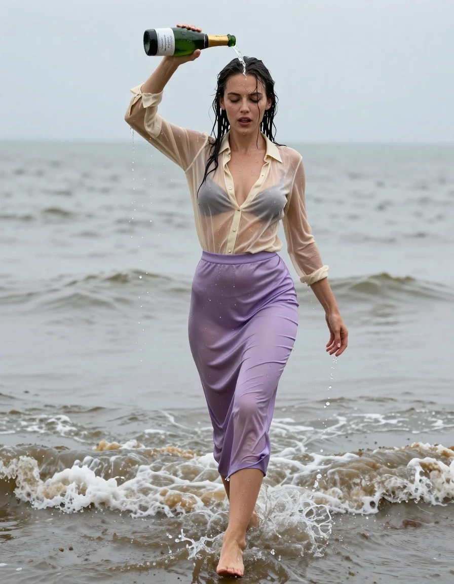 photo of young woman, in soaking wet, drenched clothes,
high-heels, see-throug hlight purple satin silk slim floor-length skirt, tranparent, light golden silk blouse,buttoned, long sleeves, no underwear, walking through the muddy waves in the water, 
enjoying, wet clothes stuck to body,
detailed textures of the wet clothes, wet face, wet plastered hair,
wet, drenched, professional, high-quality details, full body view.
sharp focus, ultra-high pixel detail, realistic, high-quality, full colors, incredibly detailed, 4k, 8k, 16k, hyper-realistic, RAW photo, masterpiece, ultra-detailed, professionally color graded, professional photograph, heavy rain, completely soaked, drenched, dripping wet, visible breasts, she pours a bottle of champagne over her head, wet skin, wet clothes, damp fabric, wet skin, wet clothes, damp fabric, wet skin, wet clothes, damp fabric, wet skin, wet clothes, damp fabric, wet skin, wet clothes, damp fabric