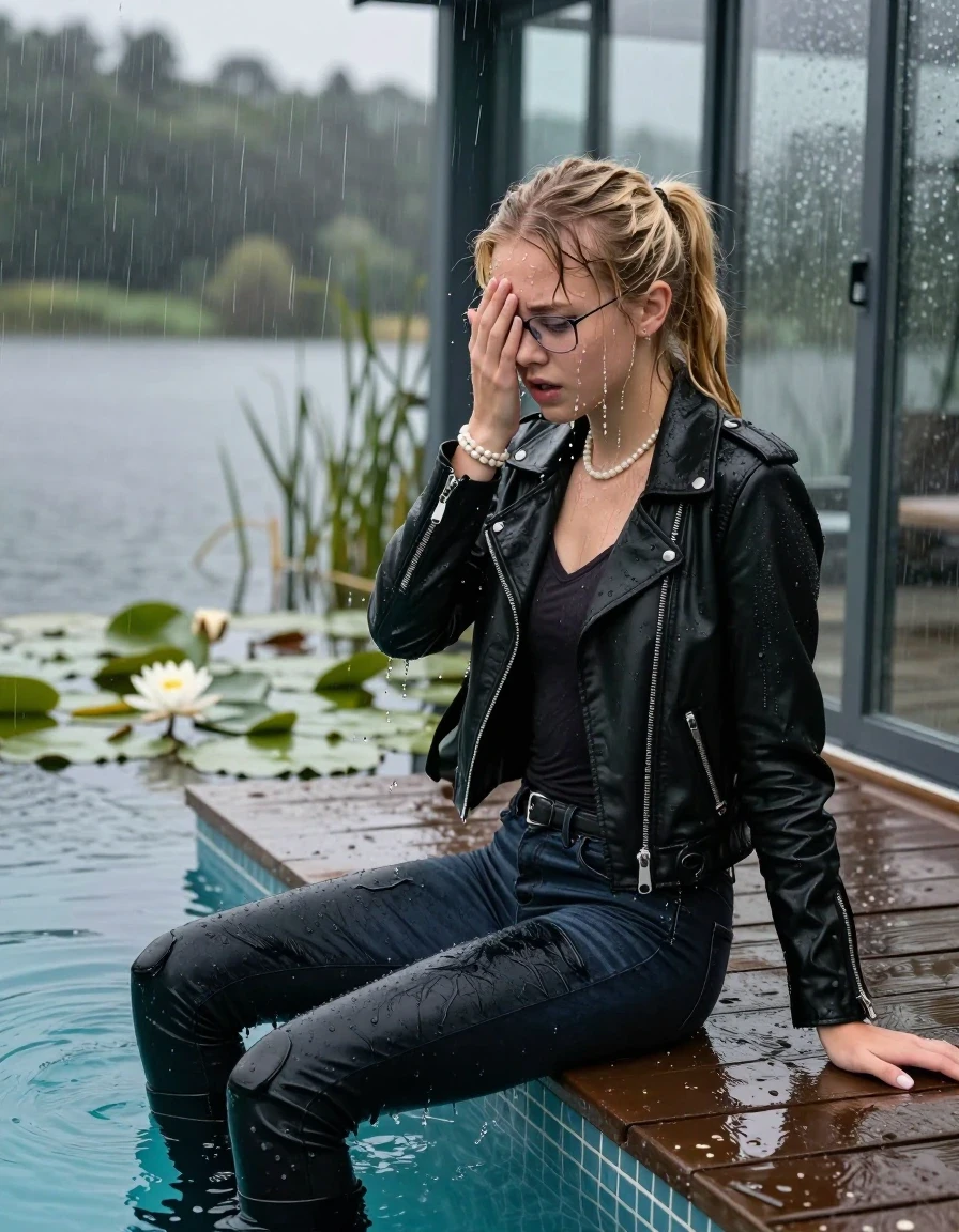 photo of young woman, in soaking wet, drenched clothes,
Black high boots, Thight levis skinny jeans, Black biker leatherjacket, tight v-neck sweater, shoulderbag, pearl necklace, bracelet, wristwatch, glasses, Orgasm at jetty by the lake with water lilies and reeds, 
enjoying, wet clothes stuck to body,
detailed textures of the wet clothes, wet face, wet plastered hair,
wet, drenched, professional, high-quality details, full body view.
sharp focus, ultra-high pixel detail, realistic, high-quality, full colors, incredibly detailed, 4k, 8k, 16k, hyper-realistic, RAW photo, masterpiece, ultra-detailed, professionally color graded, professional photograph, A realistic vertical fashion photograph taken from a backward, behind-the-back angle of a Young horny 12-year-old teengirl sitting  and let her falling in a glass-walled outdoor swimming pool, facing down to the camera to show her back. 

She is tilting her head at camera, letting the water drench her hair so it is glued flat against her head and body. 
She has  blonde twisted ponytail with bangs, completely saturated and dripping wet hair, with water cascading down her face and neck. Afraid and astonished expression. She is a Little Bit fearful. Hold her hands over her face. Closed eyes.

The lighting is bright and cinematic, highlighting the glistening water droplets and the saturated texture of her  casual clothes. Outside the large glass wall of the pool building, heavy rain is visible falling against the window. Soft, moody indoor lighting with reflections on the water. High-quality fashion photography style.
her clothing is soaking wet and clinging tightly to her skin, showing heavy wet folds, darkened fabric texture, and deep water-saturated Patches, her clothes are heavy from the water, water runs from her body and her clothes in streams. A lot of water also runs out of her clothes. Her clothes are darkened by the water. 
hyper-realistic wetness, high-contrast water sheen, sharp focus, 16k resolution, professional photography, realistic water physics., wet skin, wet clothes, damp fabric., wet skin, wet clothes, damp fabric, wet skin, wet clothes, damp fabric, wet skin, wet clothes, damp fabric, wet skin, wet clothes, damp fabric, wet skin, wet clothes, damp fabric, wet skin, wet clothes, damp fabric, wet skin, wet clothes, damp fabric, wet skin, wet clothes, damp fabric