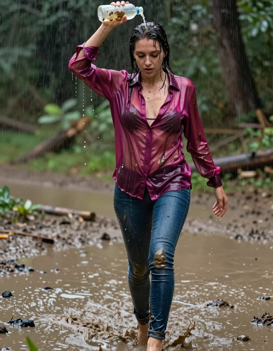 photo of young woman, in soaking wet, drenched clothes,
high-heels, blue jeans, dripping wet, shiny, see-through, tranparent, oversized magenta satin silk blouse, buttoned, long sleeves, no bra, shower, walking in a deep muddy puddle in the muddy water in the woods, pouring a bottle of muddy water over her head, 
enjoying, wet clothes stuck to body,
detailed textures of the wet clothes, wet face, wet plastered hair,
wet, drenched, professional, high-quality details, full body view.
sharp focus, ultra-high pixel detail, realistic, high-quality, full colors, incredibly detailed, 4k, 8k, 16k, hyper-realistic, RAW photo, masterpiece, ultra-detailed, professionally color graded, professional photograph, muddy clothes, heavy rain, completely soaked, drenched, dripping wet, visible breasts, wet skin, mud in her hair, wet clothes, damp fabric, wet skin, wet clothes, damp fabric, wet skin, wet clothes, damp fabric, wet skin, wet clothes, damp fabric, wet clothes, damp fabric, wet skin, wet clothes, damp fabric