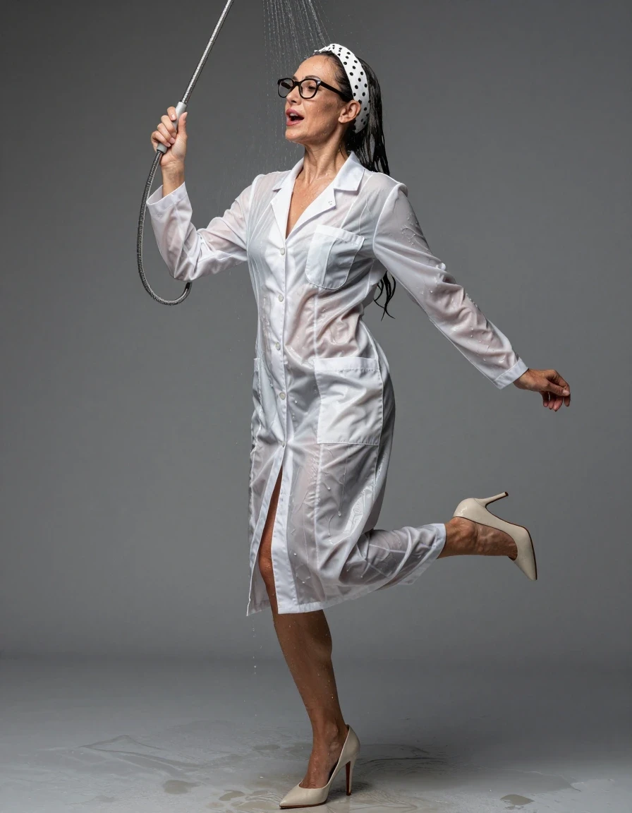 photo of young woman, in soaking wet, drenched clothes,
high-heeled shoes, maxi silver labcoat, maxi silver labcoat, dancing after bath with shower in hand, 
enjoying, wet clothes stuck to body,
detailed textures of the wet clothes, wet face, wet plastered hair,
wet, drenched, professional, high-quality details, full body view.
sharp focus, ultra-high pixel detail, realistic, high-quality, full colors, incredibly detailed, 4k, 8k, 16k, hyper-realistic, RAW photo, masterpiece, ultra-detailed, professionally color graded, professional photograph, european brunette skinny woman 50 years old, long dark black hair, white polka-dot headband, office glasses, very big and thick lips, complete body, wet skin, wet clothes, damp fabric, wet skin, wet clothes, damp fabric, wet skin, wet clothes, damp fabric, wet skin, wet clothes, damp fabric, wet skin, wet clothes, damp fabric, wet skin, wet clothes, damp fabric, wet skin, wet clothes, damp fabric